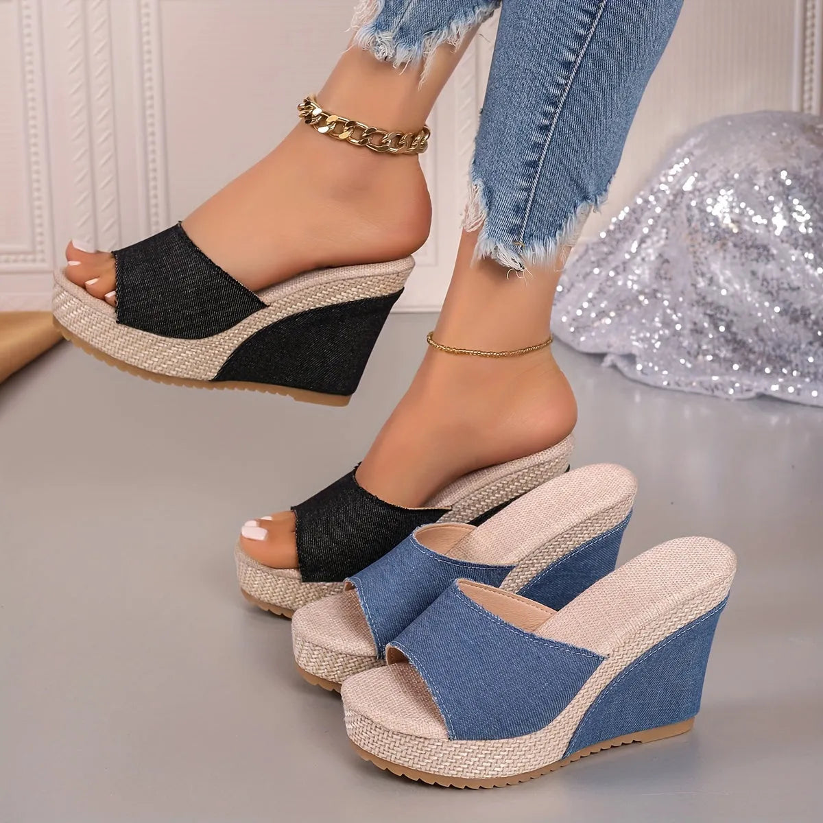 Daphné Ciel | Sandales compensées en jean chic pour femmes