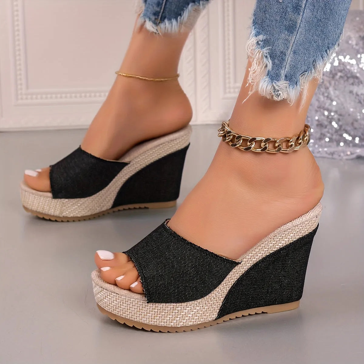 Daphné Ciel | Sandales compensées en jean chic pour femmes