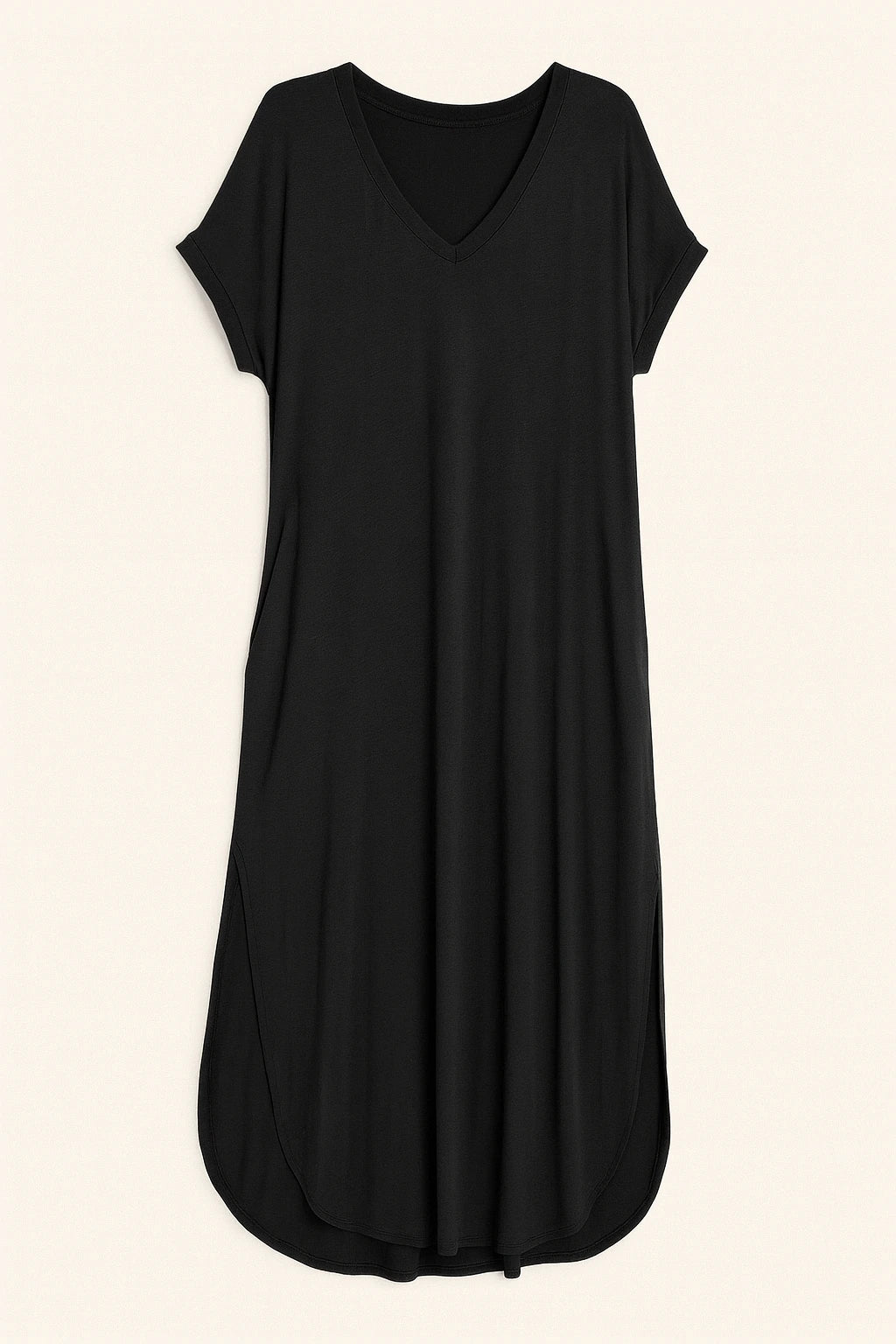 Élégance Décontractée | Robe Maxi T-shirt à Col en V avec Fente et Poche