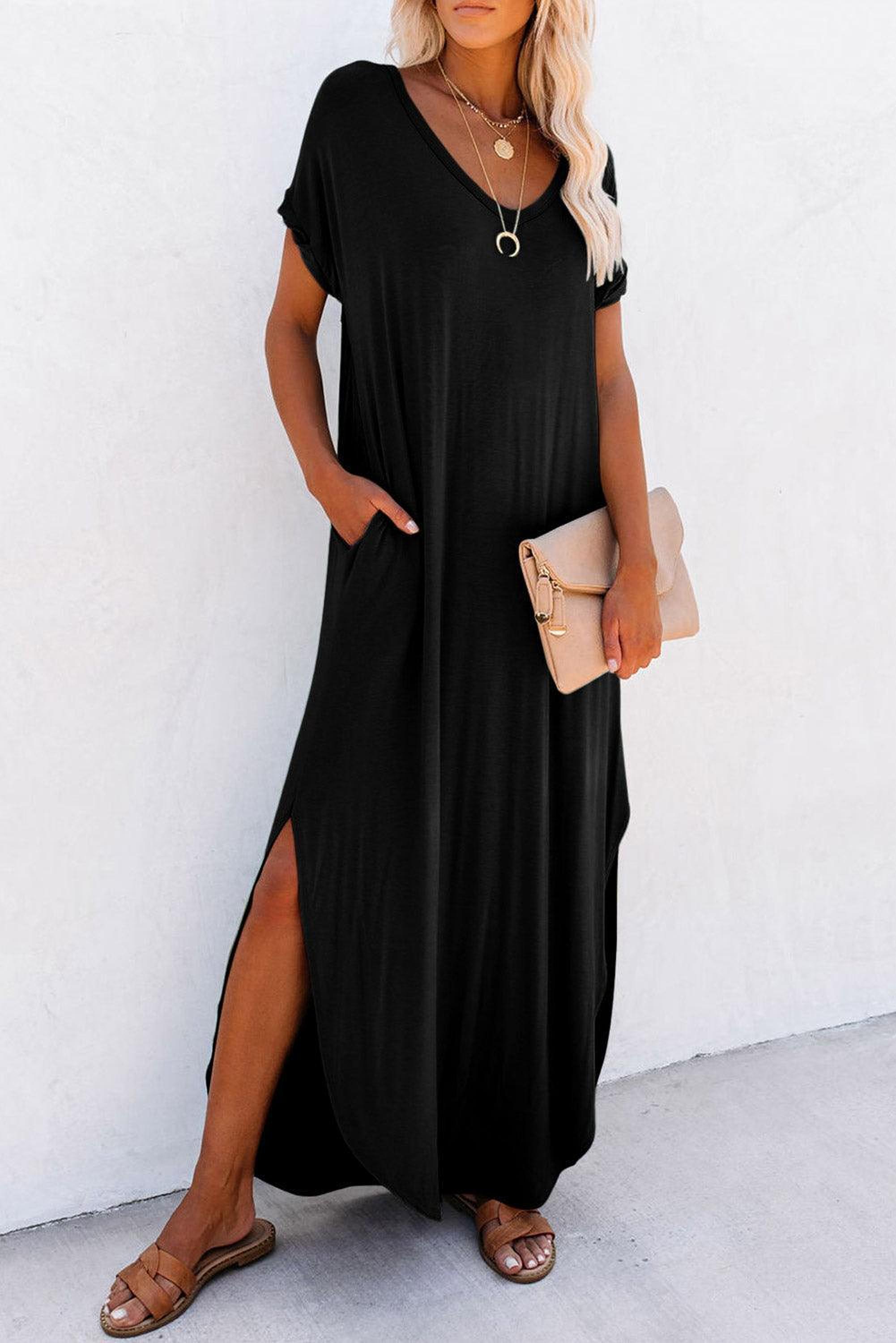 Élégance Décontractée | Robe Maxi T-shirt à Col en V avec Fente et Poche