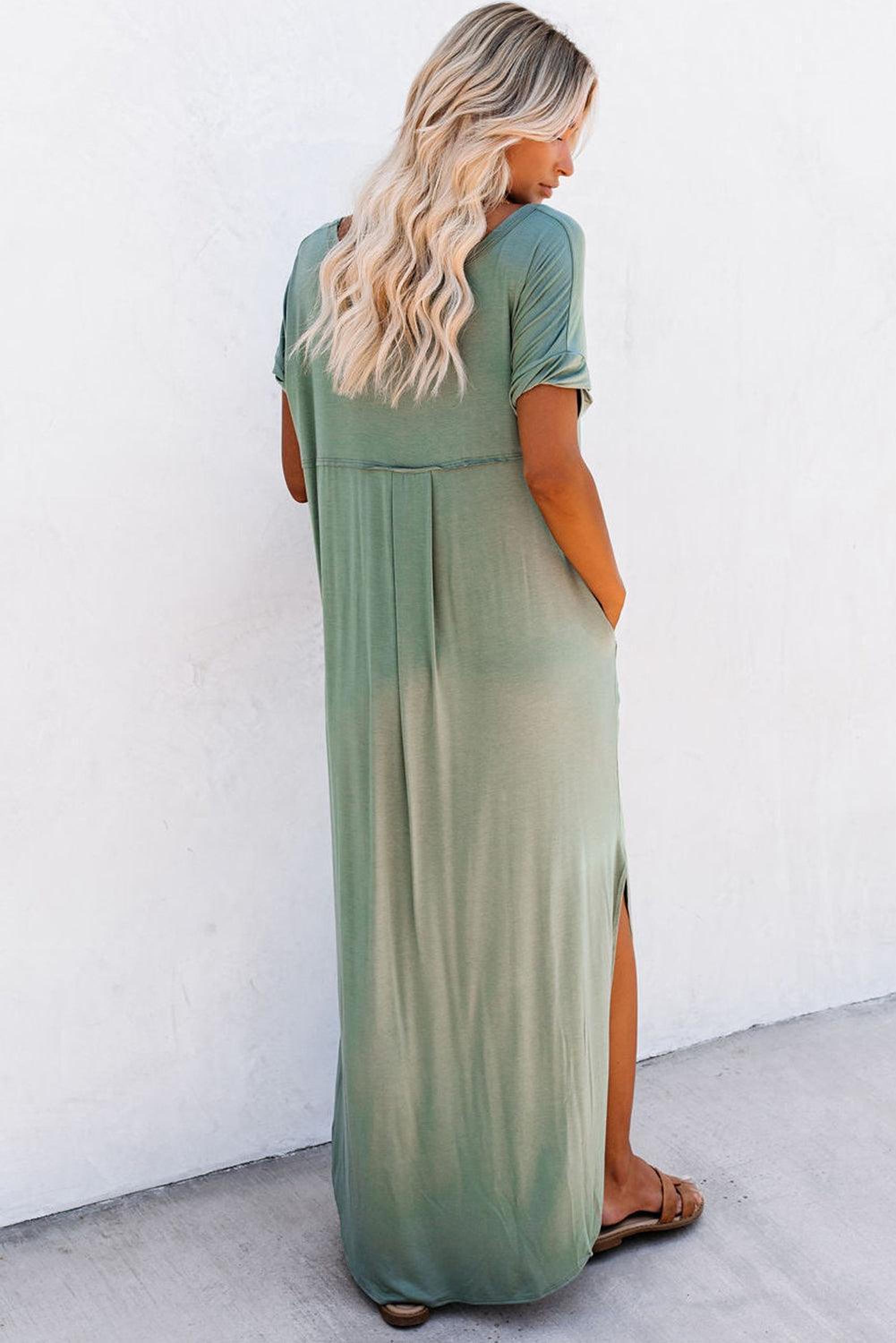 Élégance Divisée | Robe Maxi T-shirt à Col V avec Fente et Poche