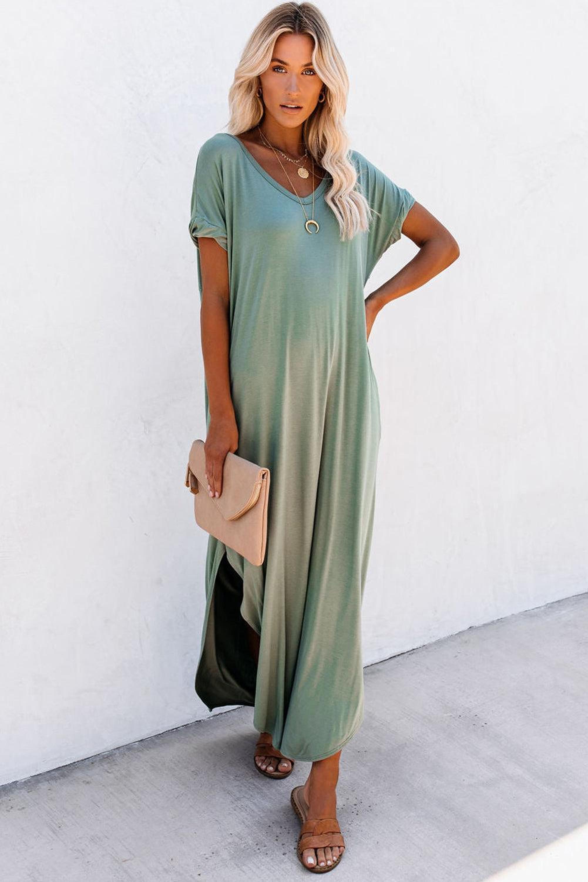 Élégance Divisée | Robe Maxi T-shirt à Col V avec Fente et Poche