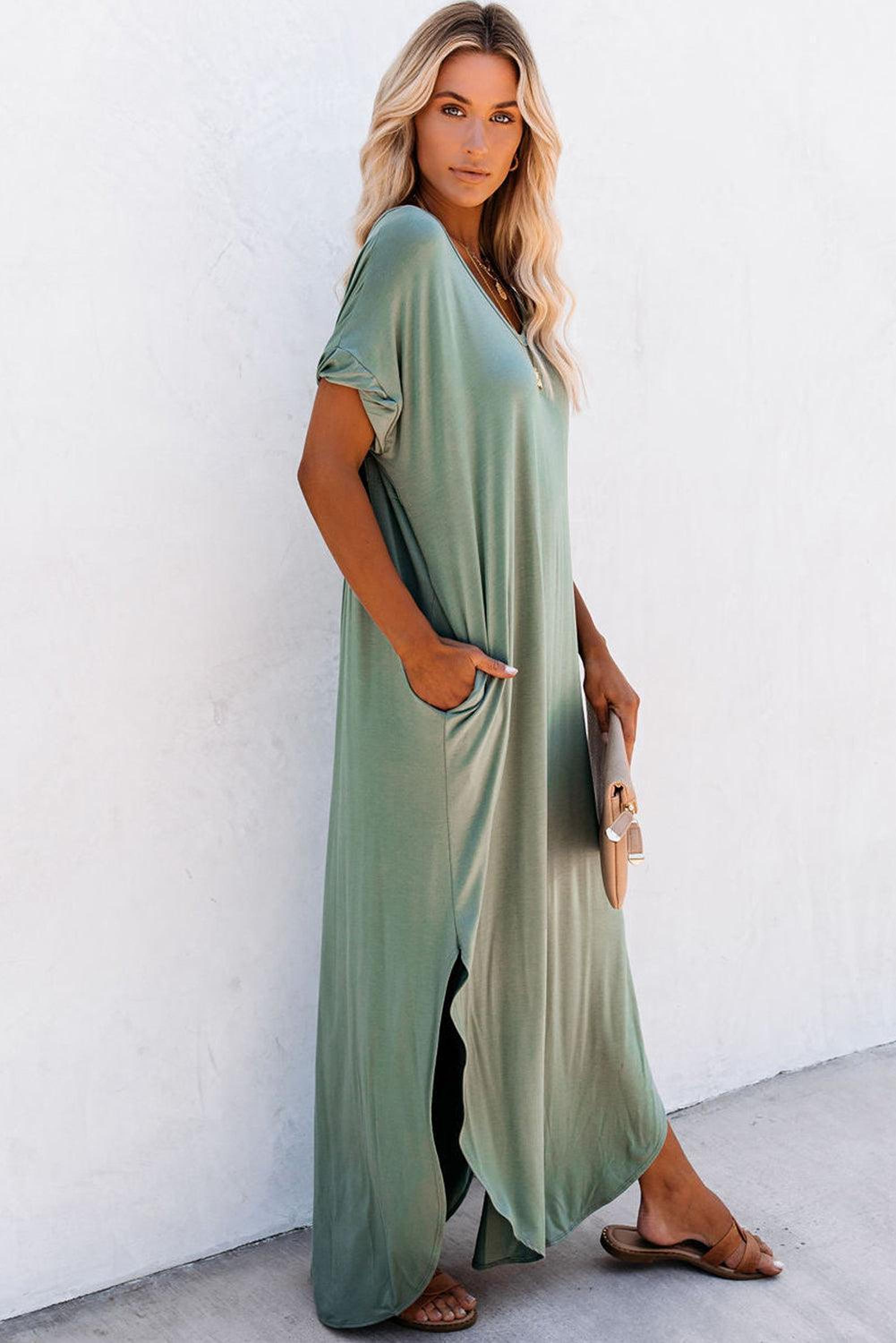Élégance Divisée | Robe Maxi T-shirt à Col V avec Fente et Poche