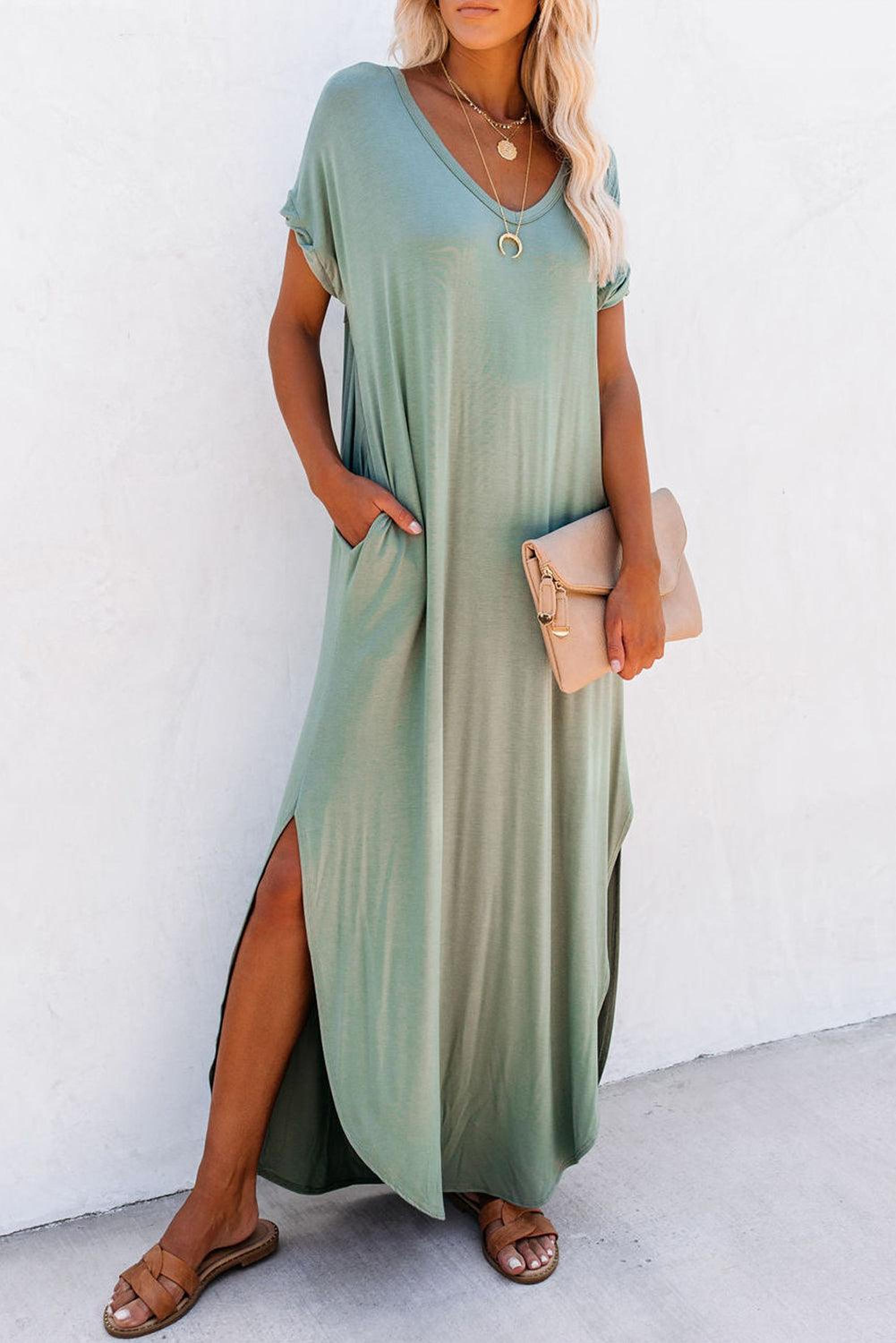 Élégance Divisée | Robe Maxi T-shirt à Col V avec Fente et Poche
