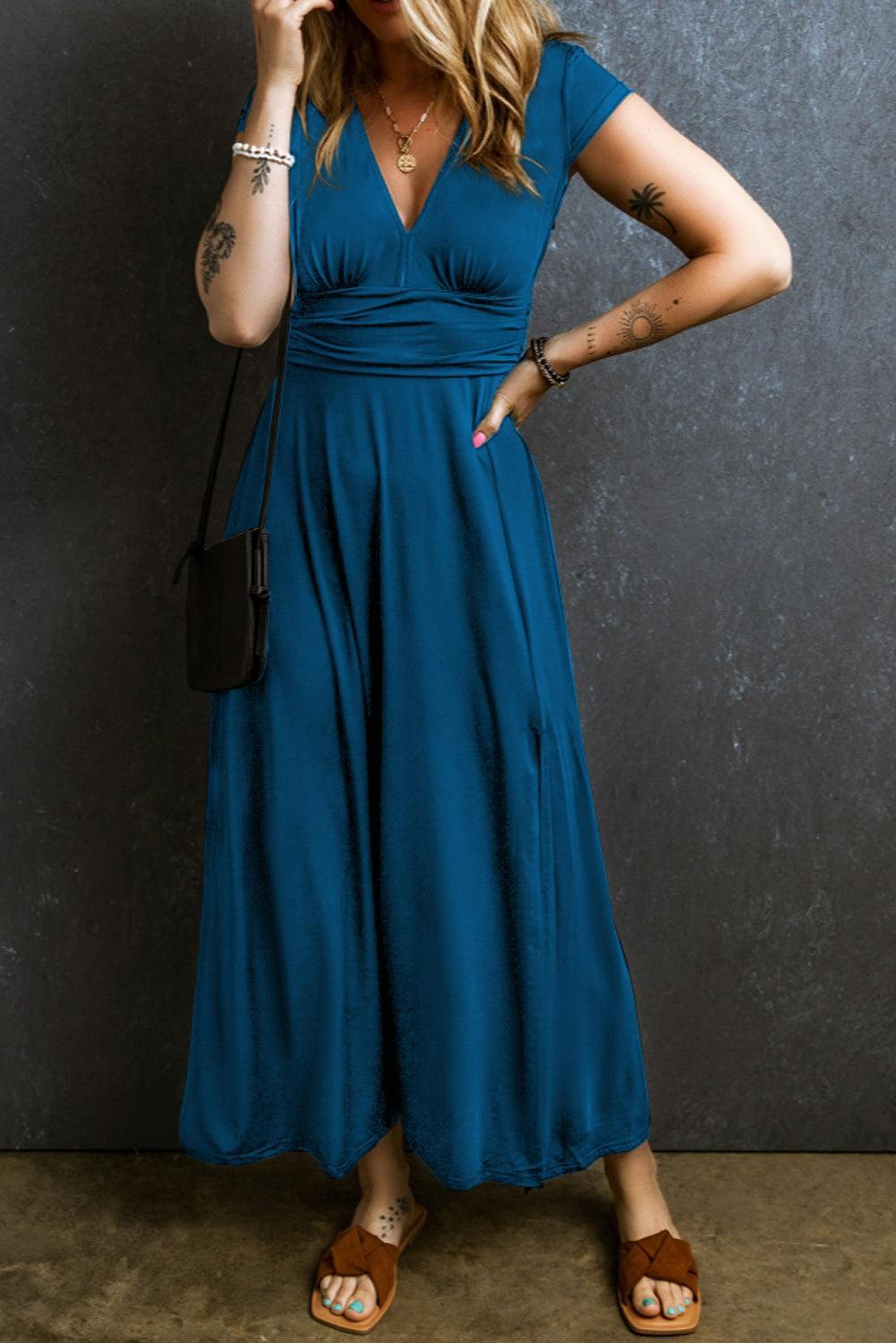 Élégance Plissée Robe | Maxi Robe à Col V et Manches Courtes