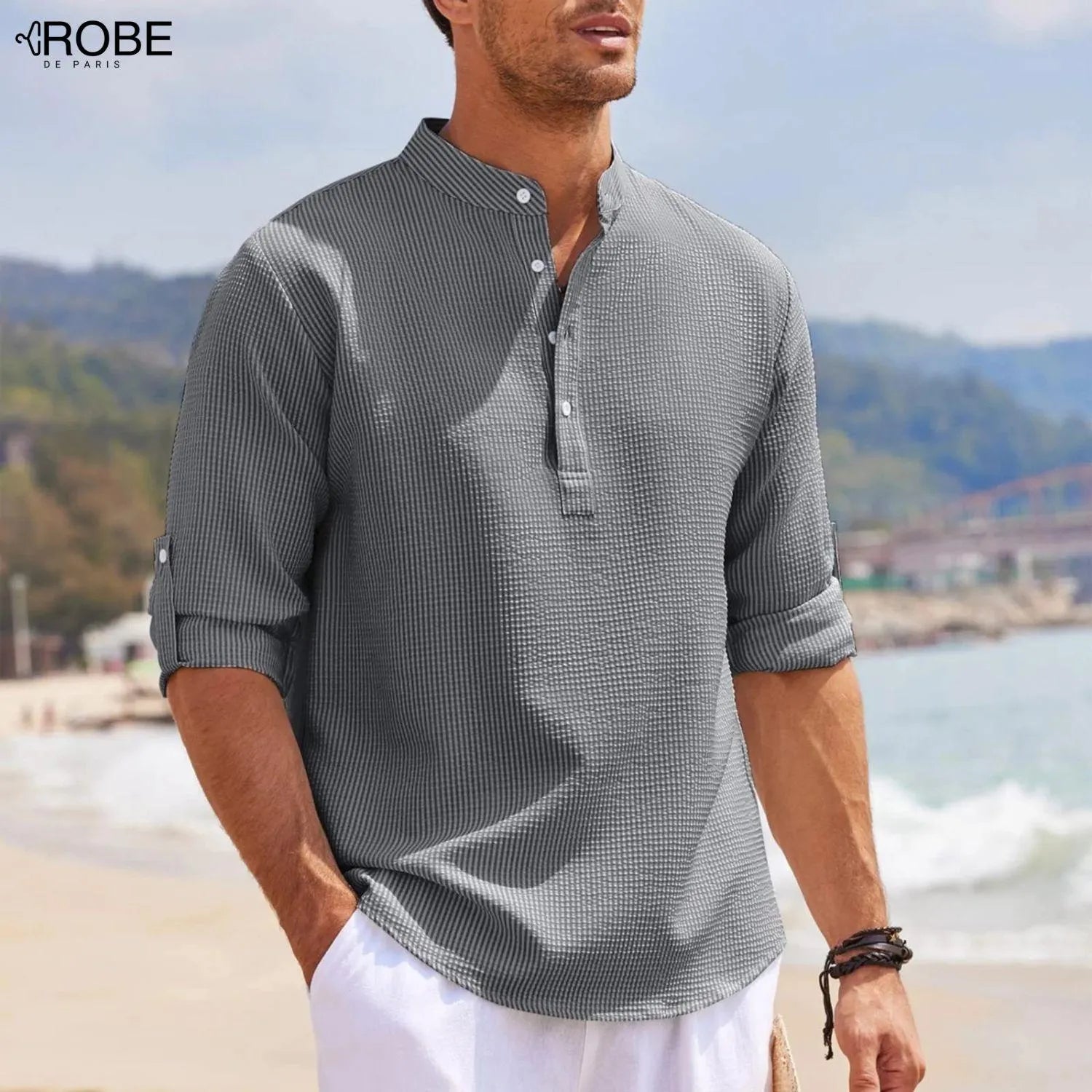 Élégance Quotidienne | Chemise Homme Col Mao en Coton Doux