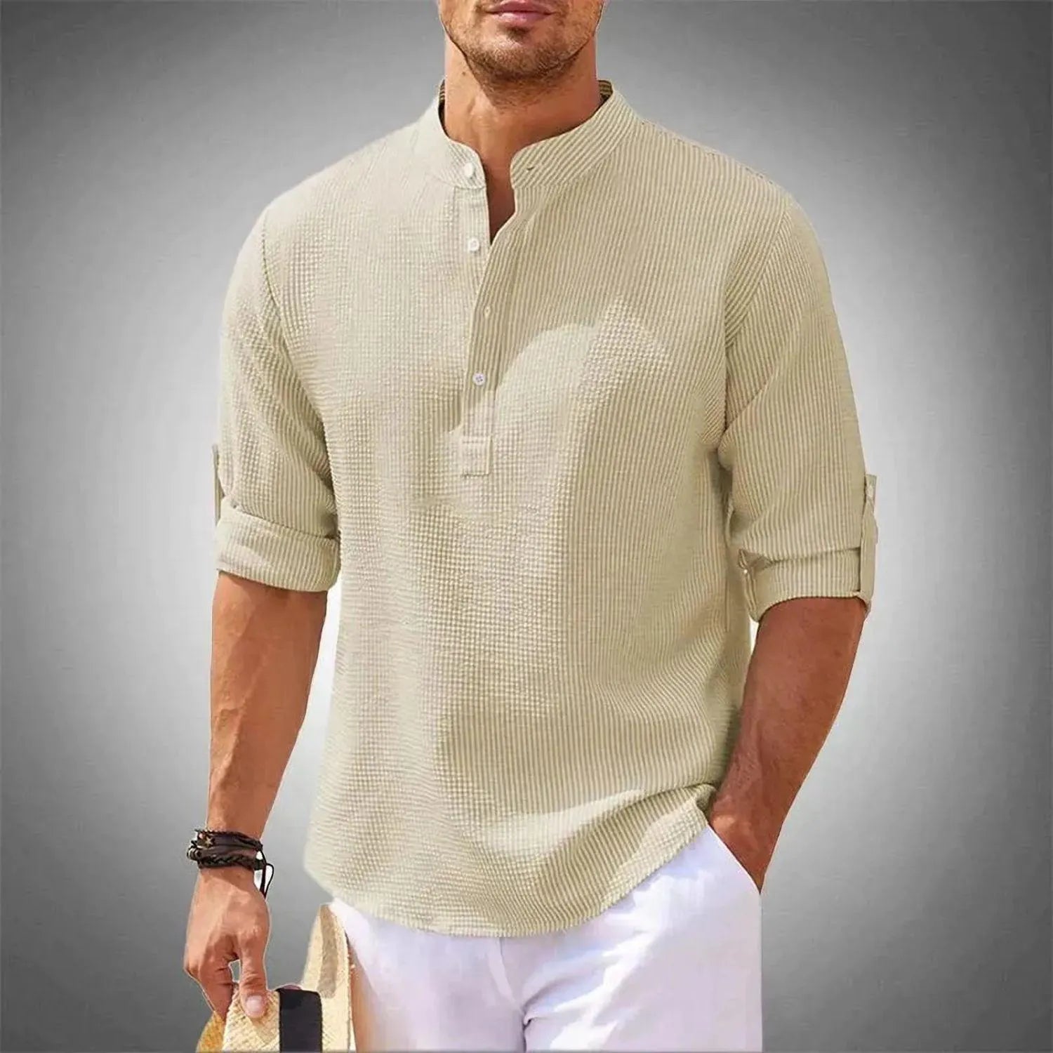 Élégance Quotidienne | Chemise Homme Col Mao en Coton Doux