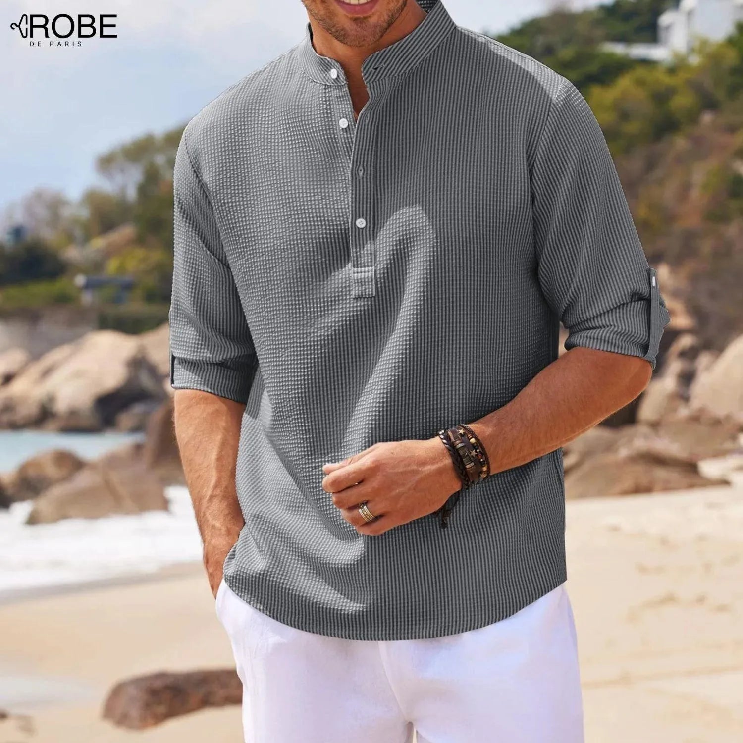 Élégance Quotidienne | Chemise Homme Col Mao en Coton Doux