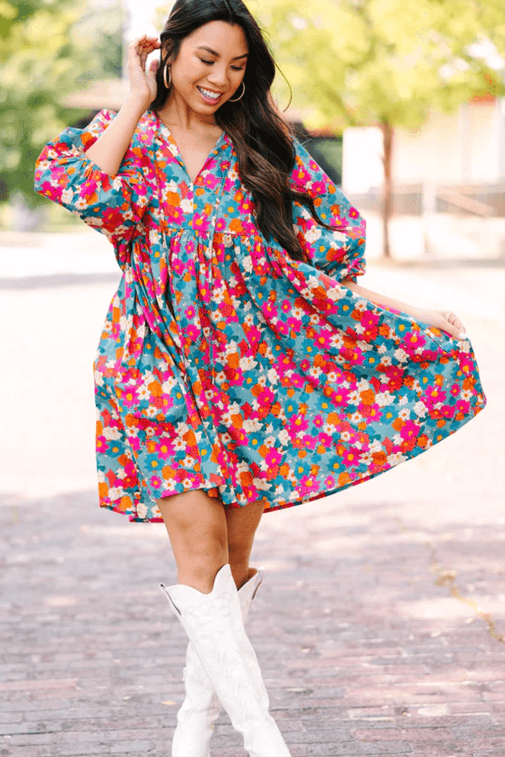 Florale Babydoll Jurk met Strik en Pofmouwen