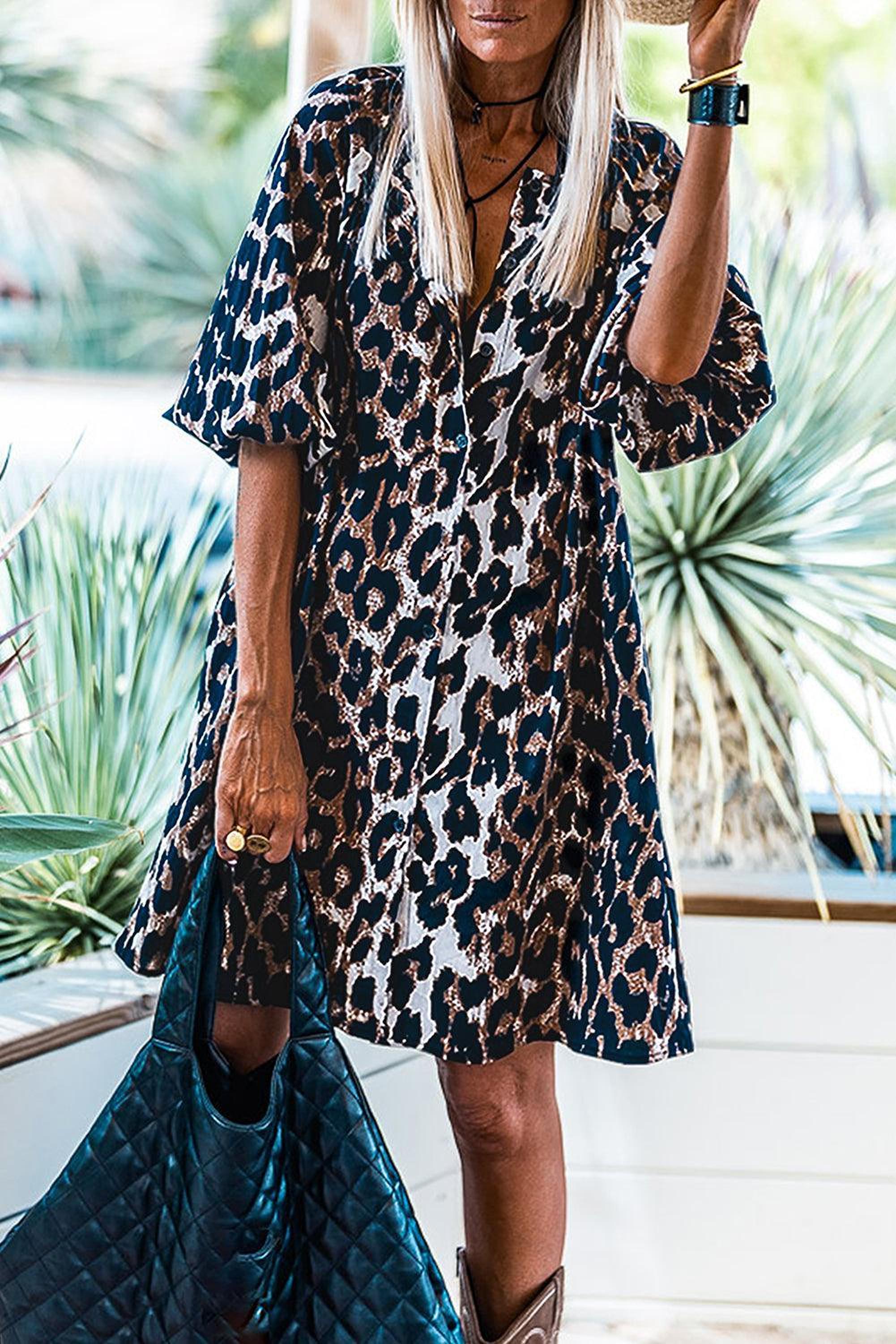 Robe Féroce Chic | Robe Chemise Imprimé Léopard avec Manches Bouffantes