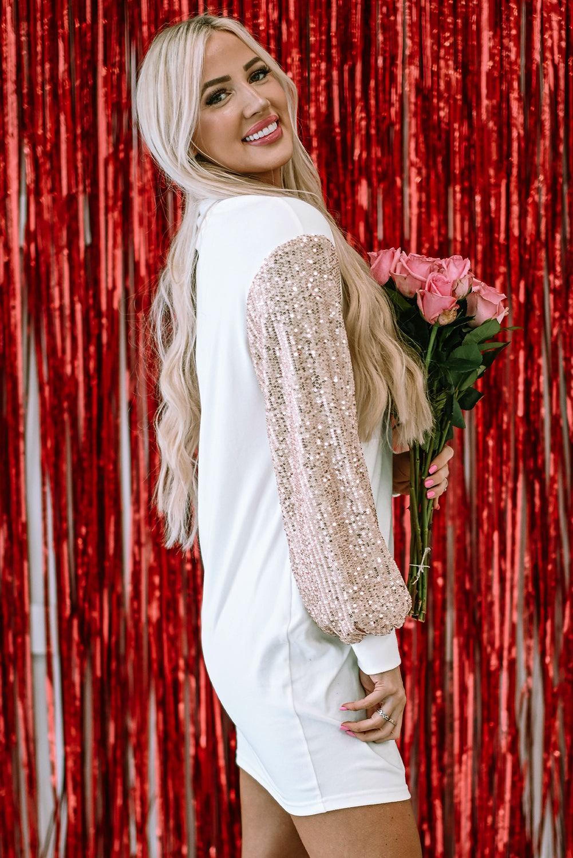 Mini-robe shift à manche bouffante avec paillettes, élégante et scintillante