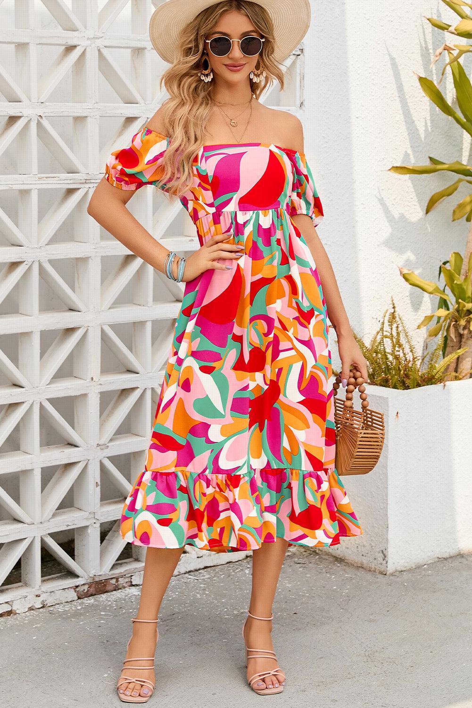 Robe midi colorée avec un col carré élégant