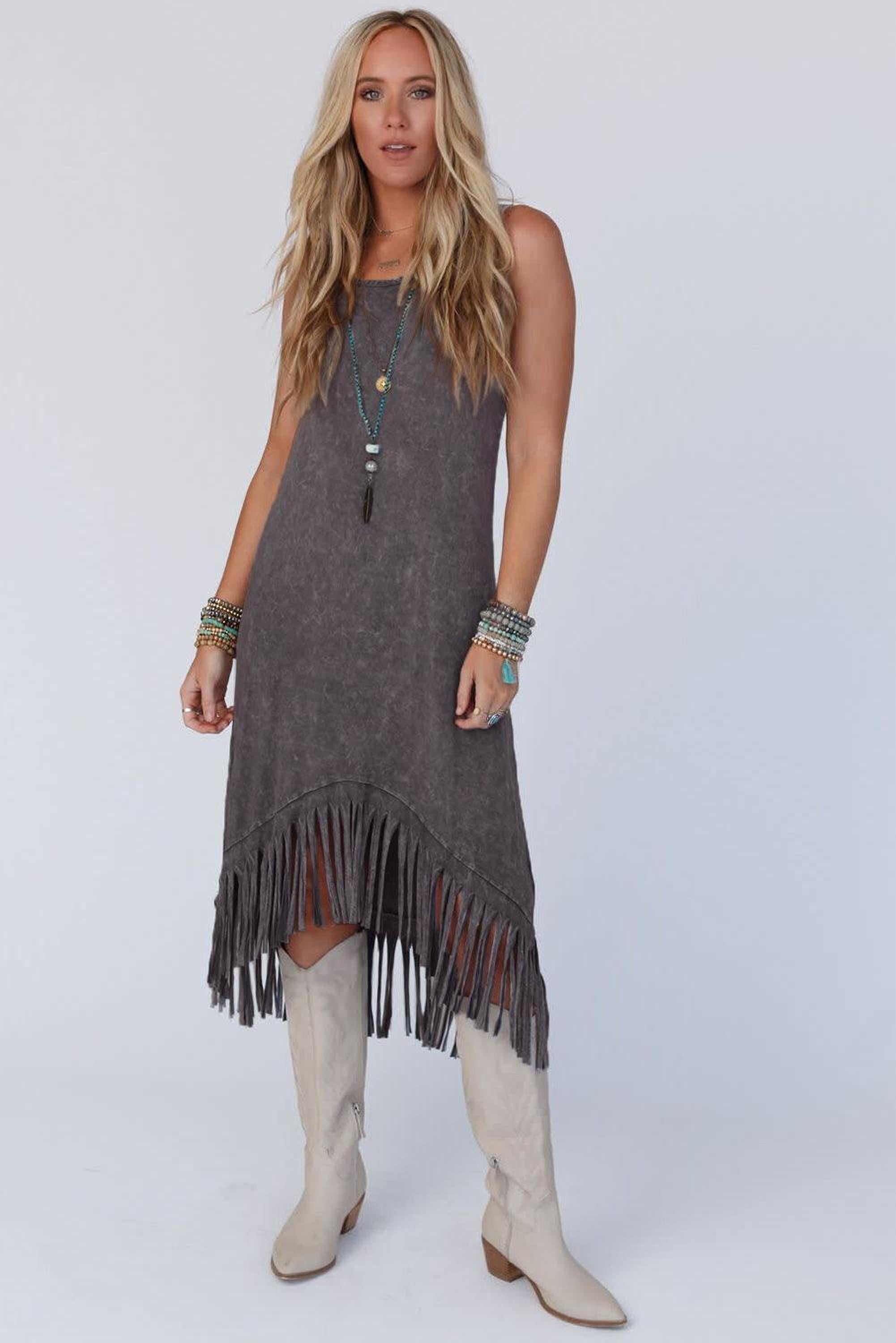 Robe sans manches avec décolleté rond et ourlet à franges