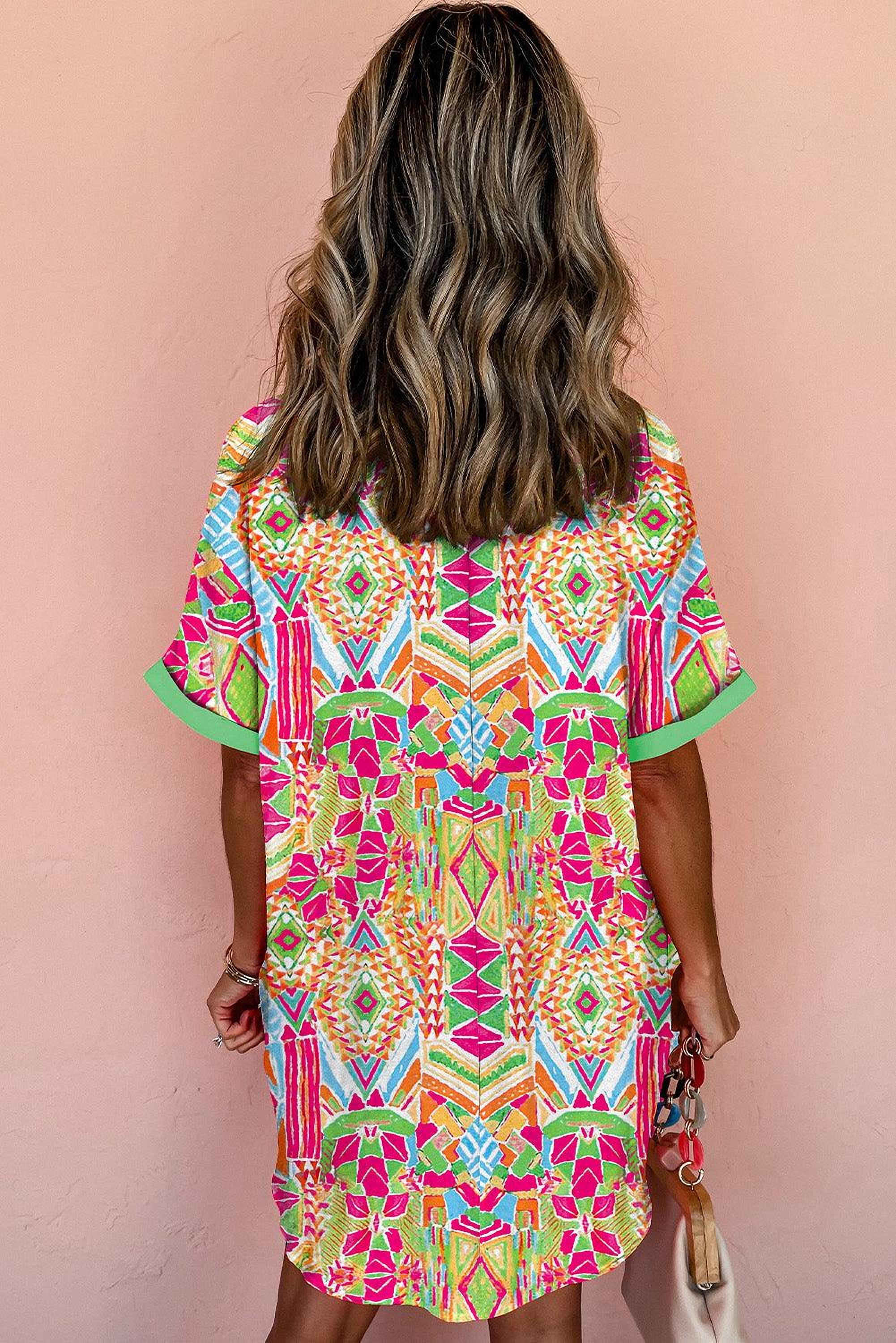 Robe mini à manches courtes avec imprimé géométrique contrasté