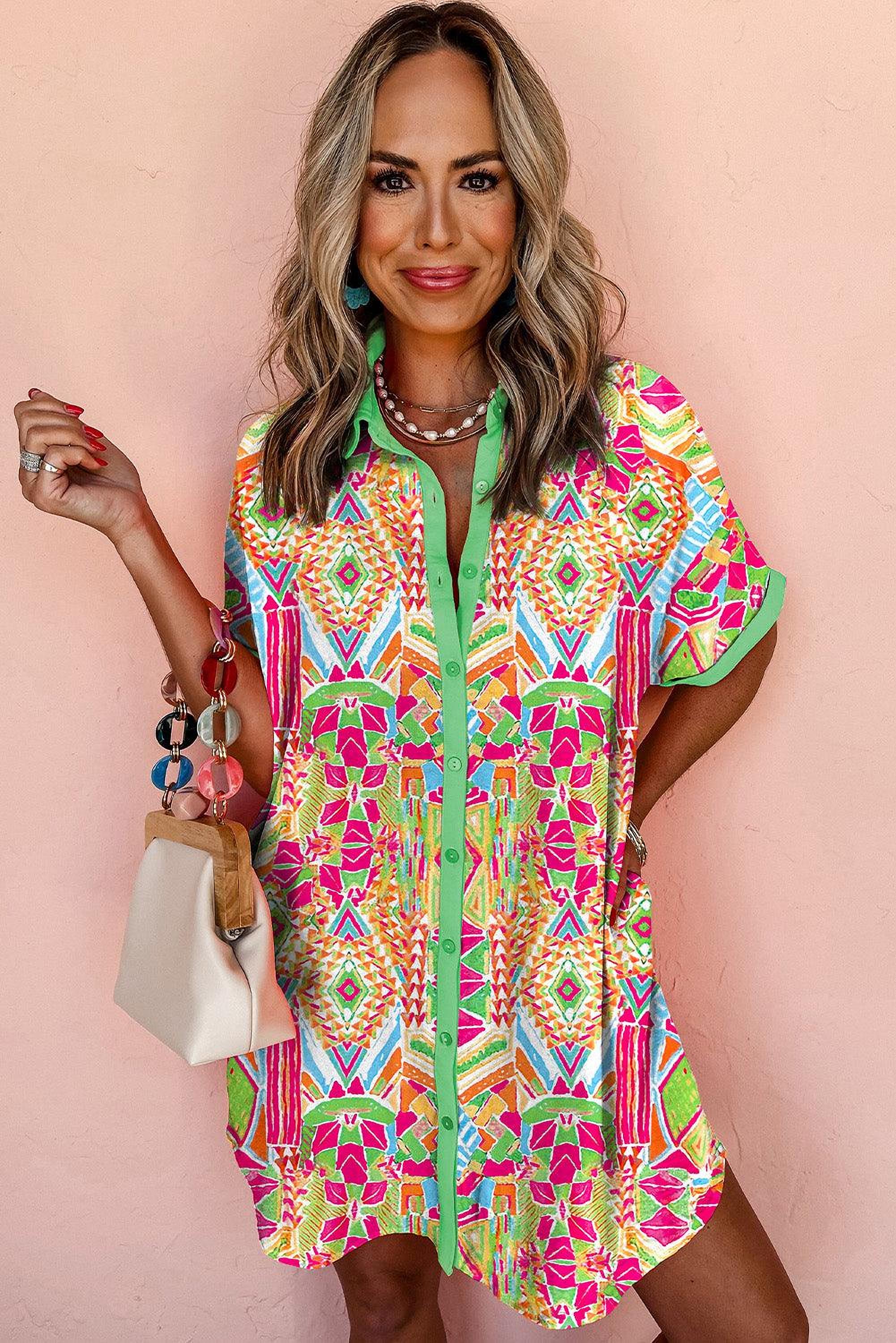 Robe mini à manches courtes avec imprimé géométrique contrasté