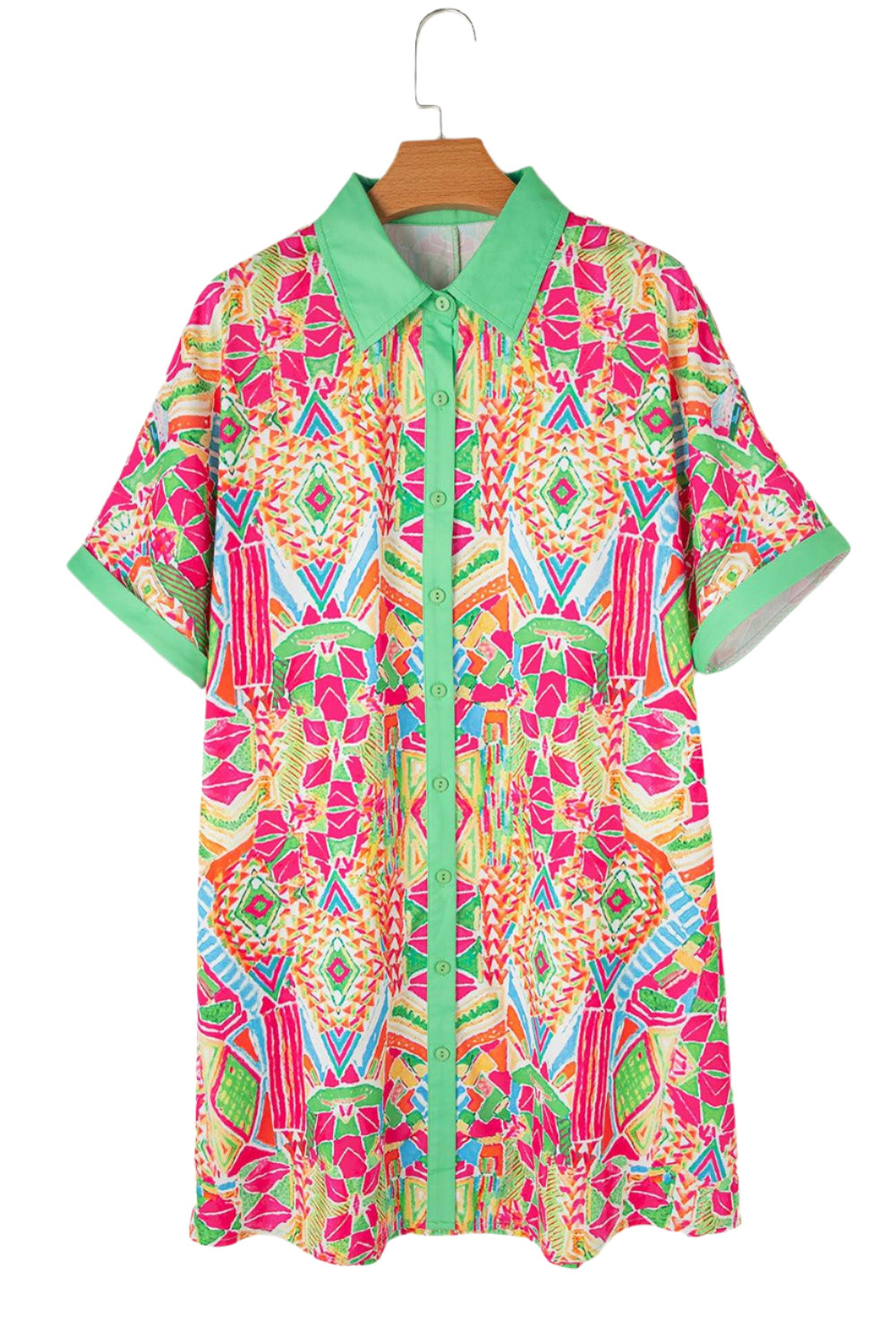 Robe mini à manches courtes avec imprimé géométrique contrasté