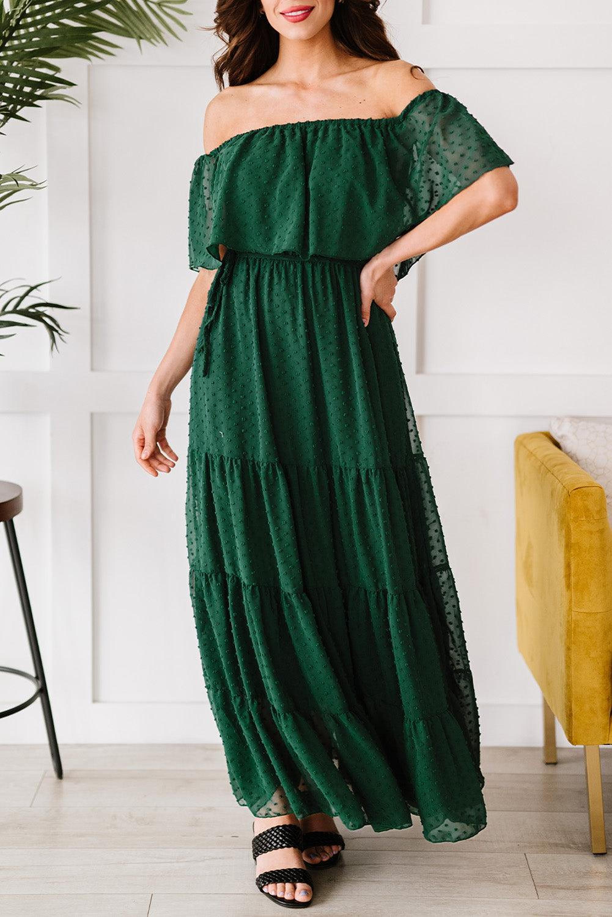 Robe maxi épaules dénudées avec motifs suisses