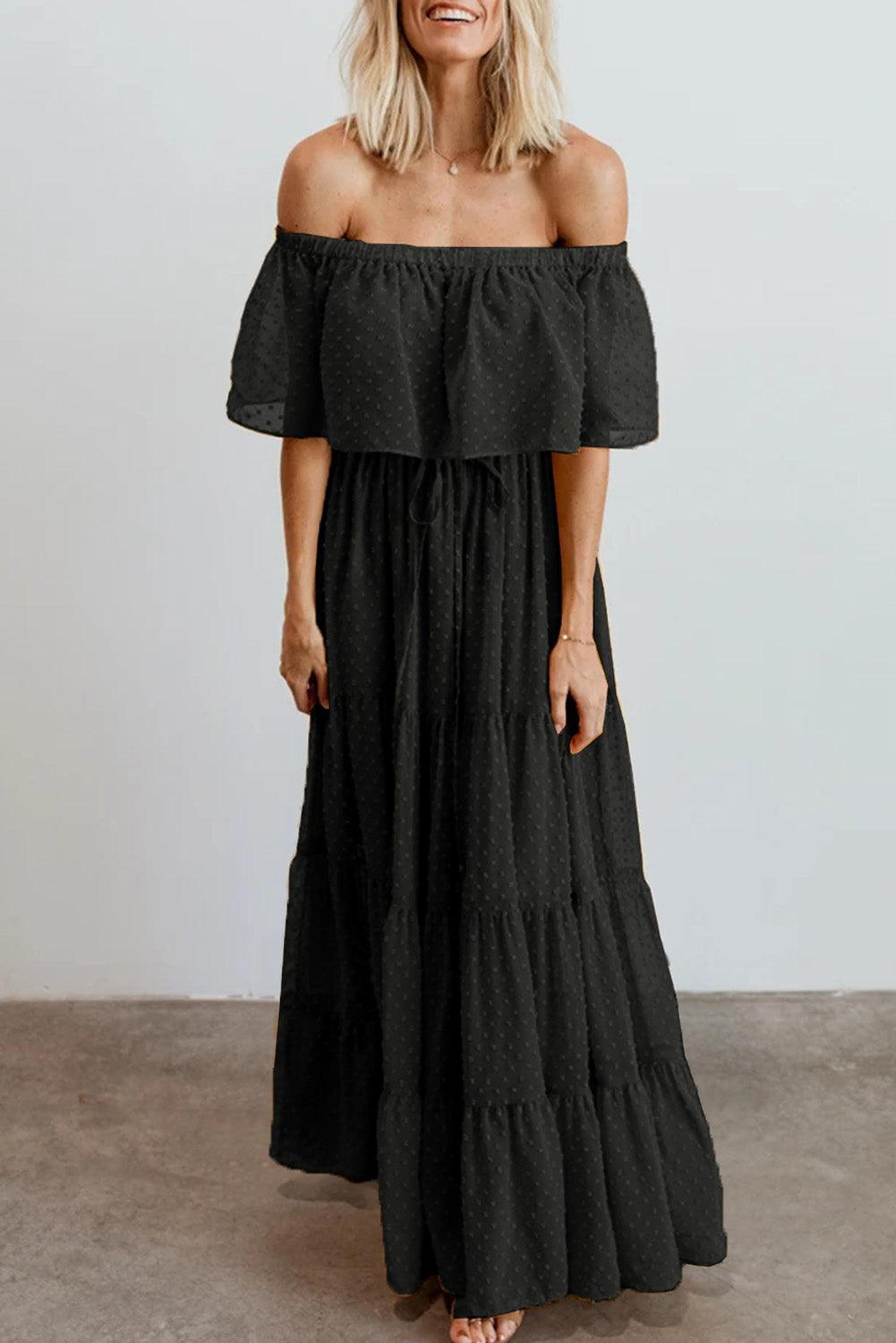 Robe maxi épaules dénudées avec motifs suisses