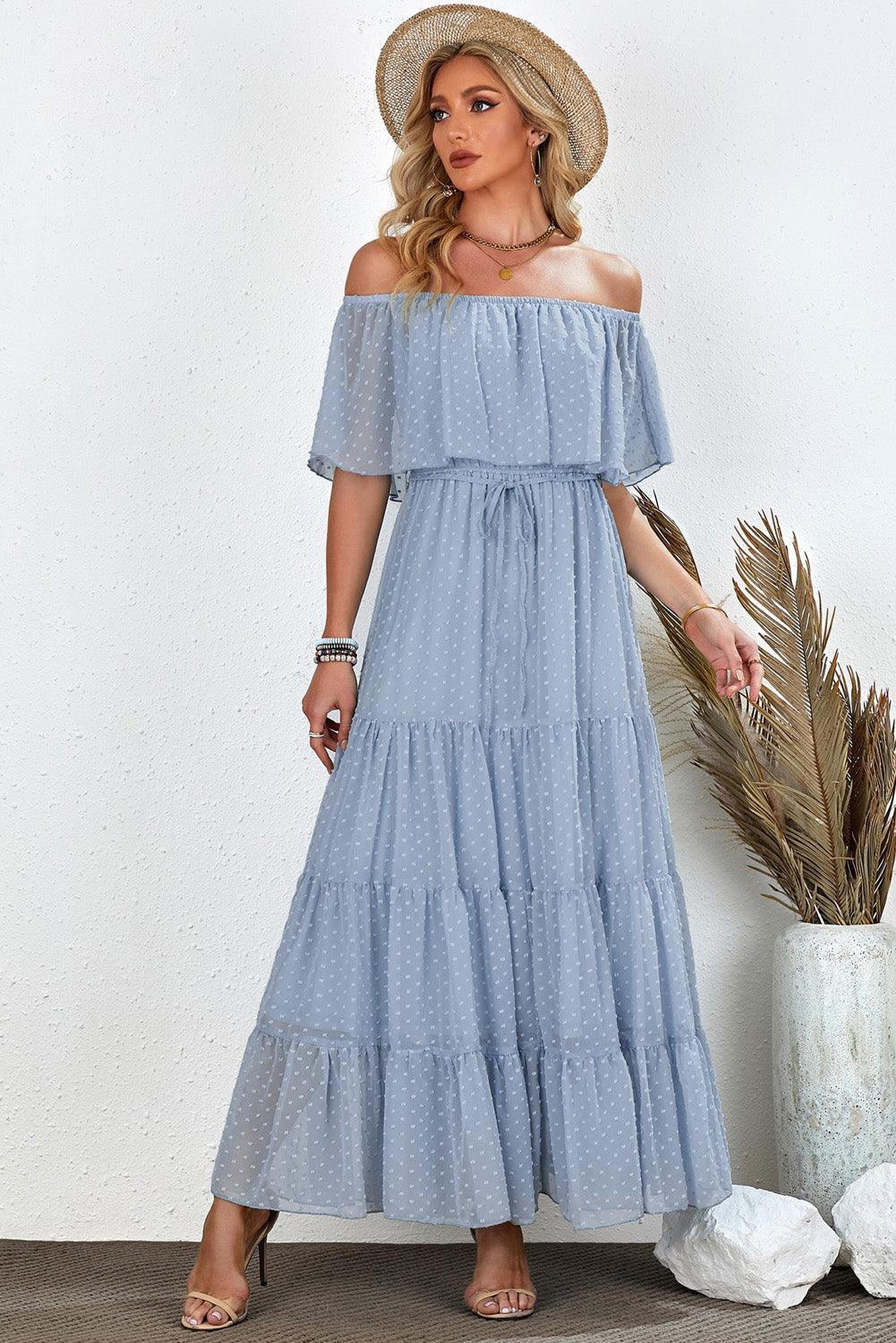 Robe maxi épaules dénudées avec motifs suisses