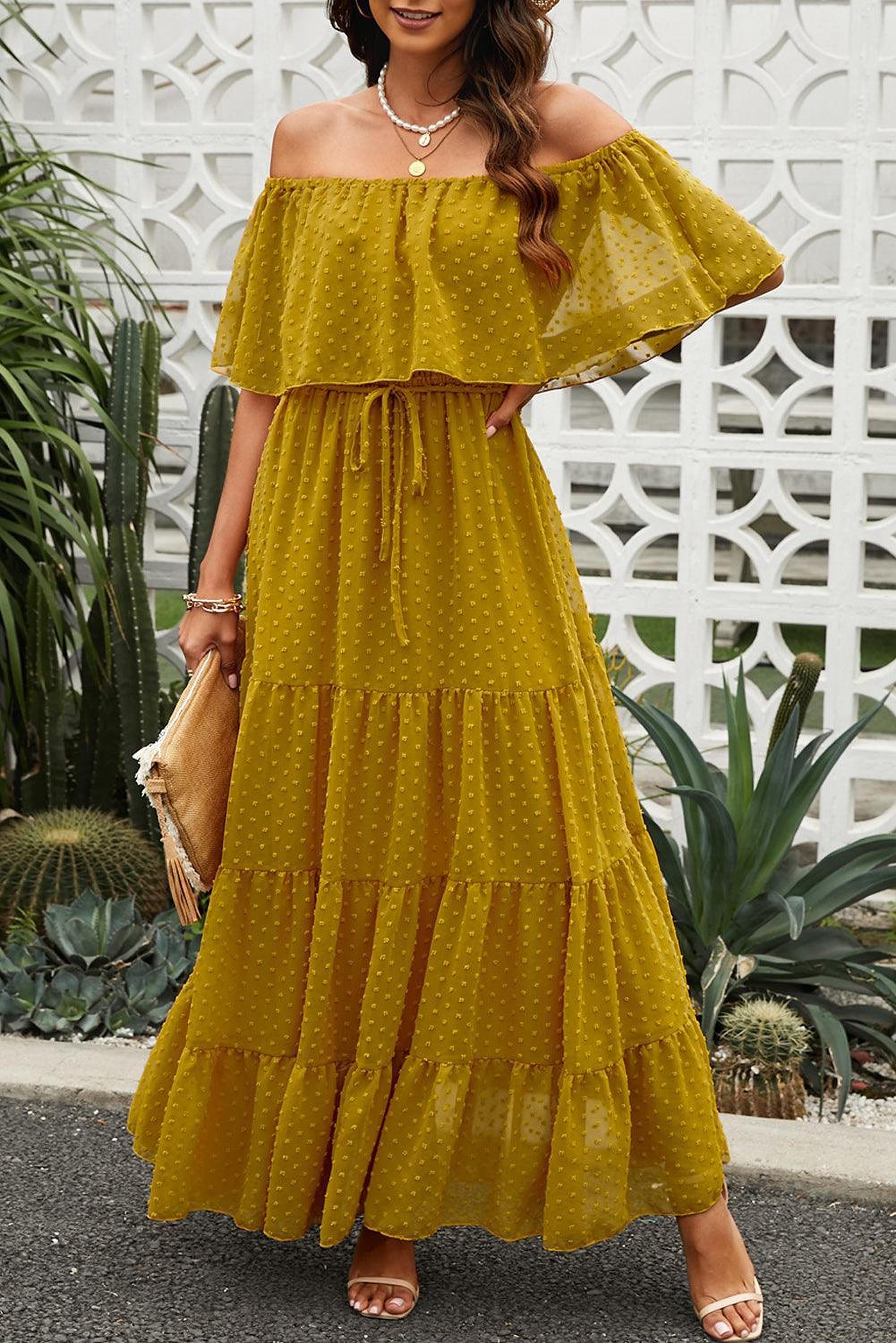 Robe maxi épaules dénudées avec motifs suisses