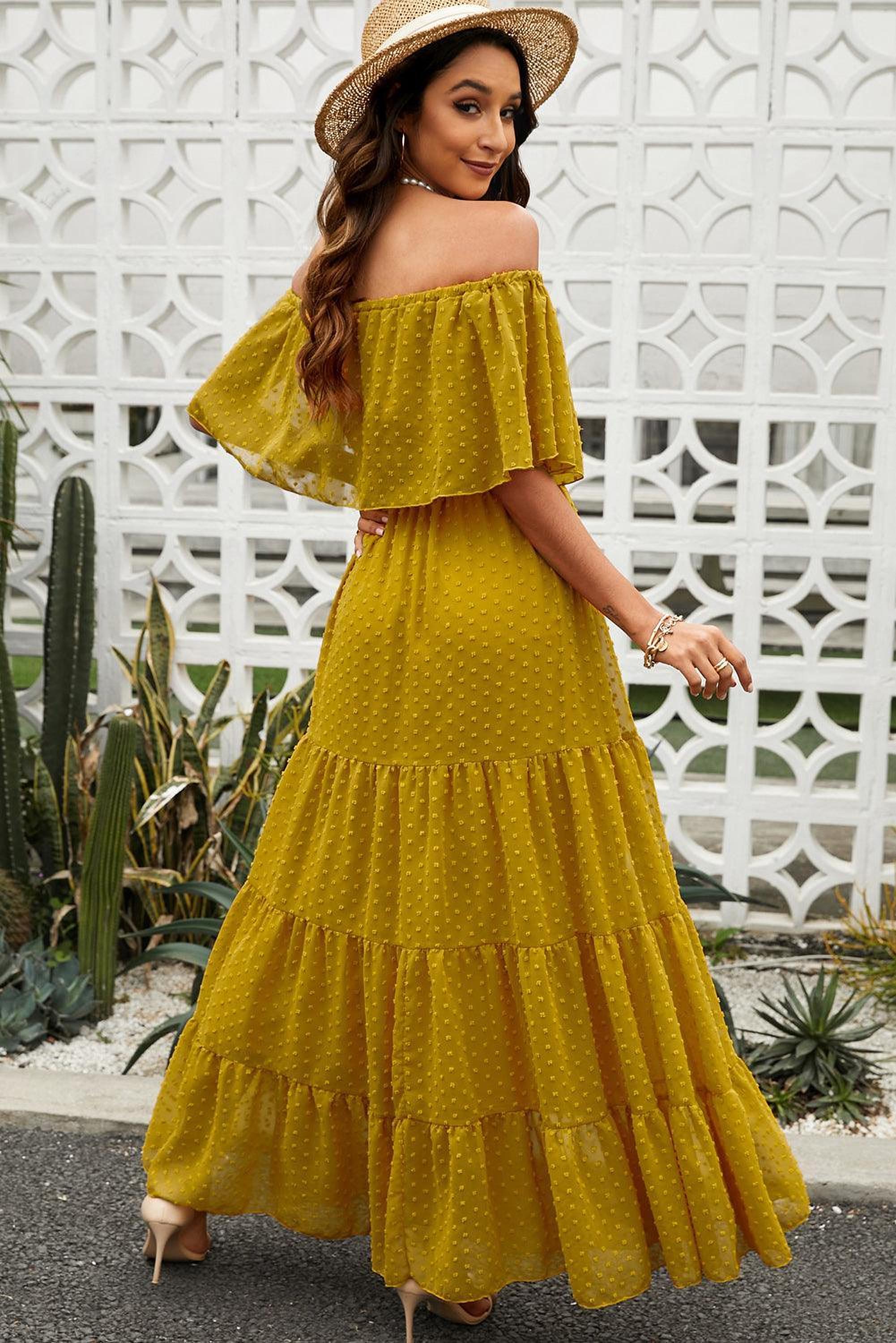 Robe maxi épaules dénudées avec motifs suisses