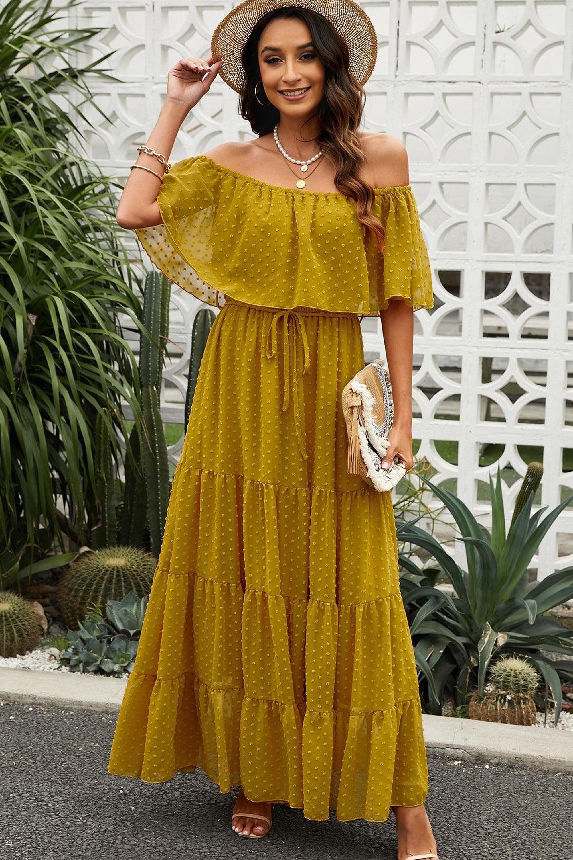 Robe maxi épaules dénudées avec motifs suisses
