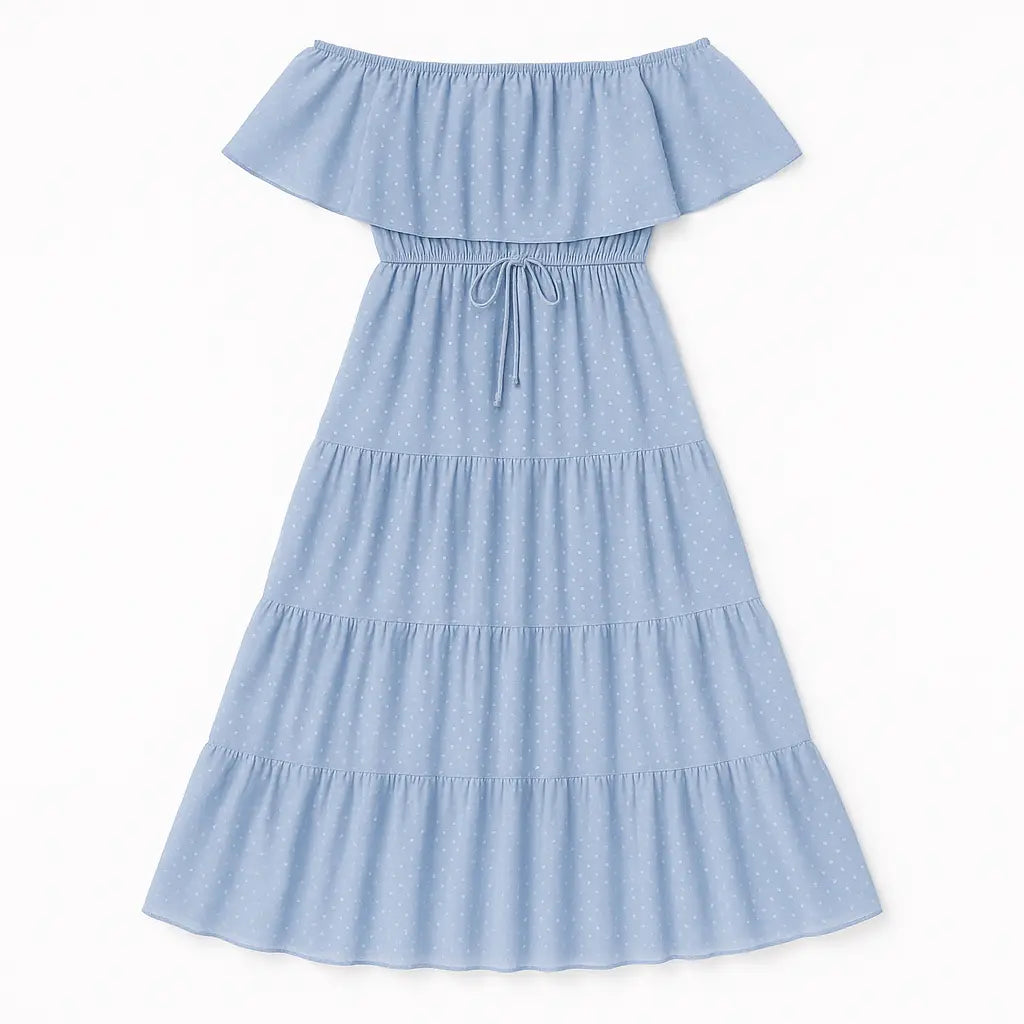 Élégance Bohème | Robe Maxi Épaules Dénudées avec Motifs Suisses