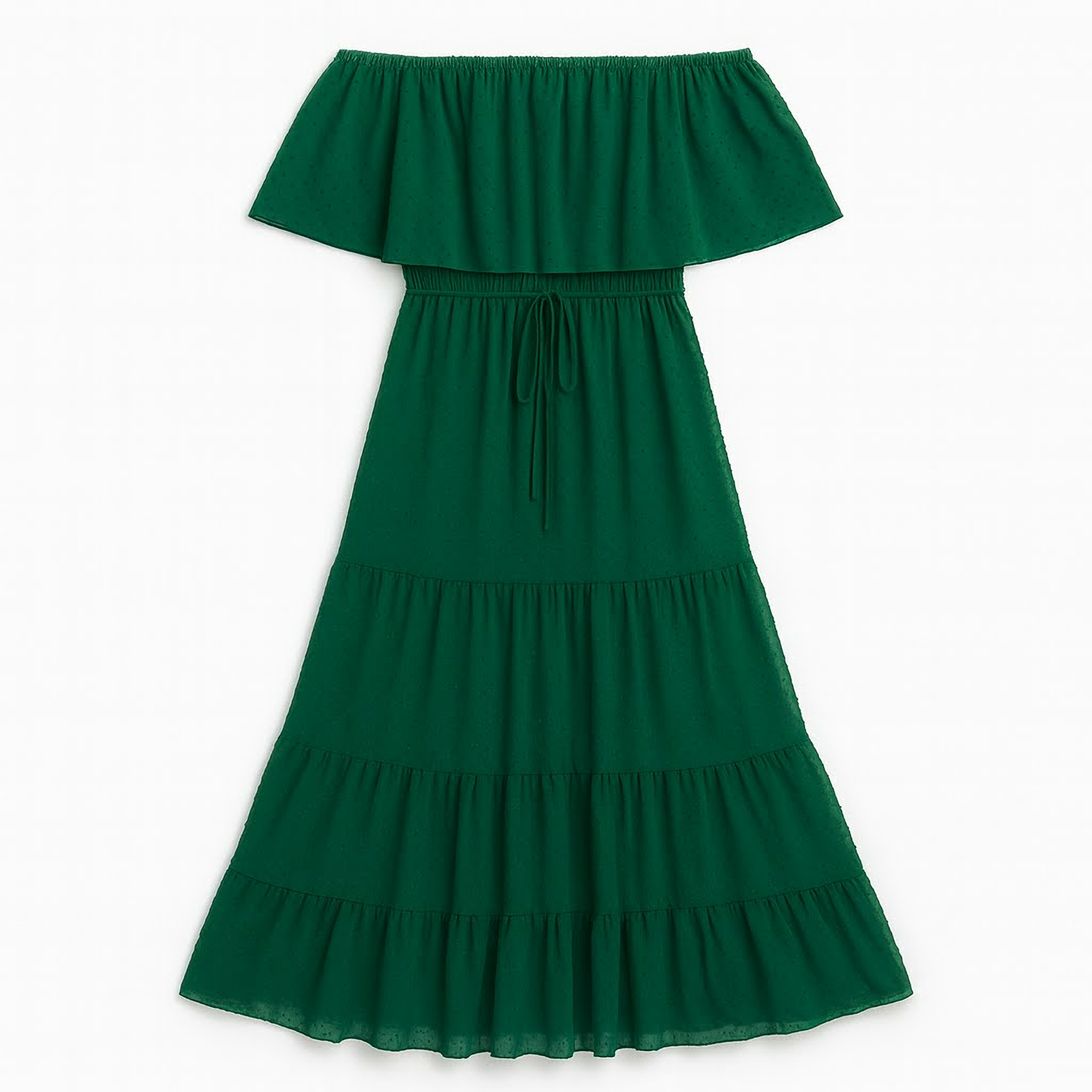 Élégance Bohème | Robe Maxi Épaules Dénudées avec Motifs Suisses