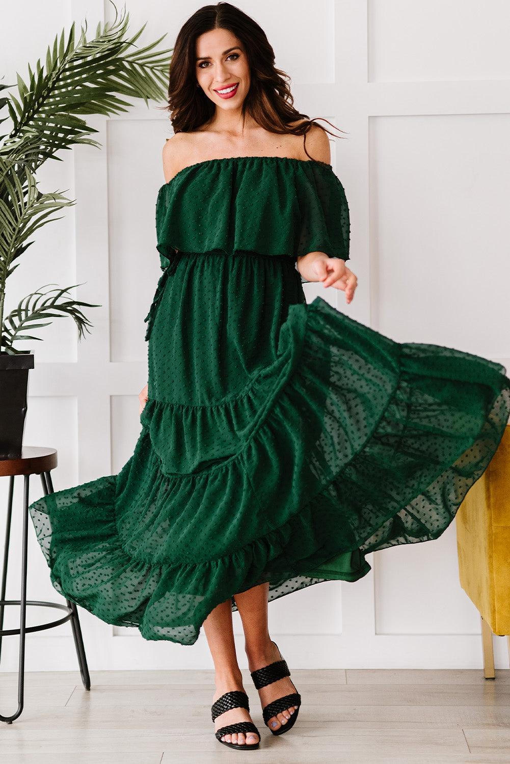 Robe maxi épaules dénudées avec motifs suisses
