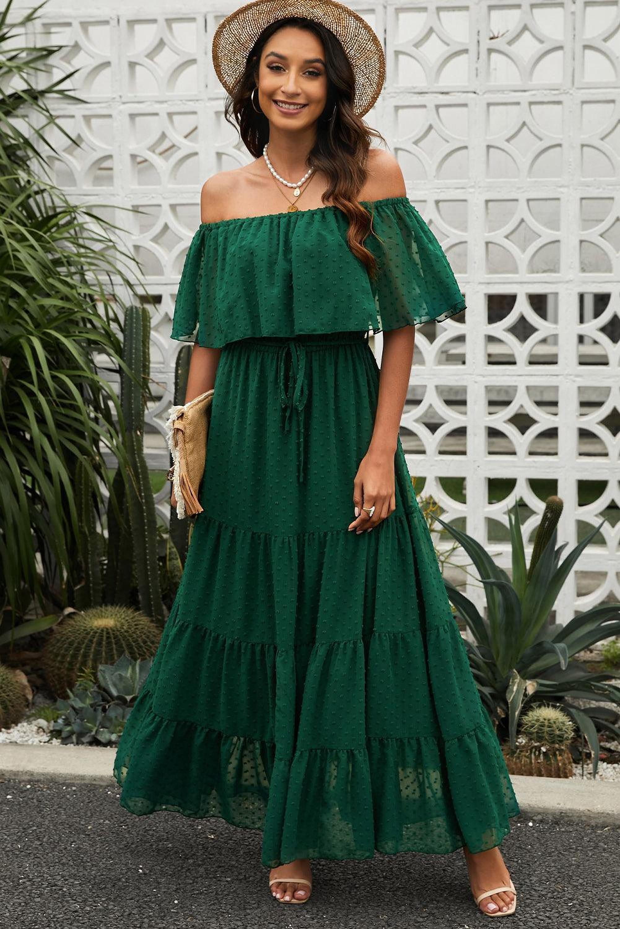 Robe maxi épaules dénudées avec motifs suisses