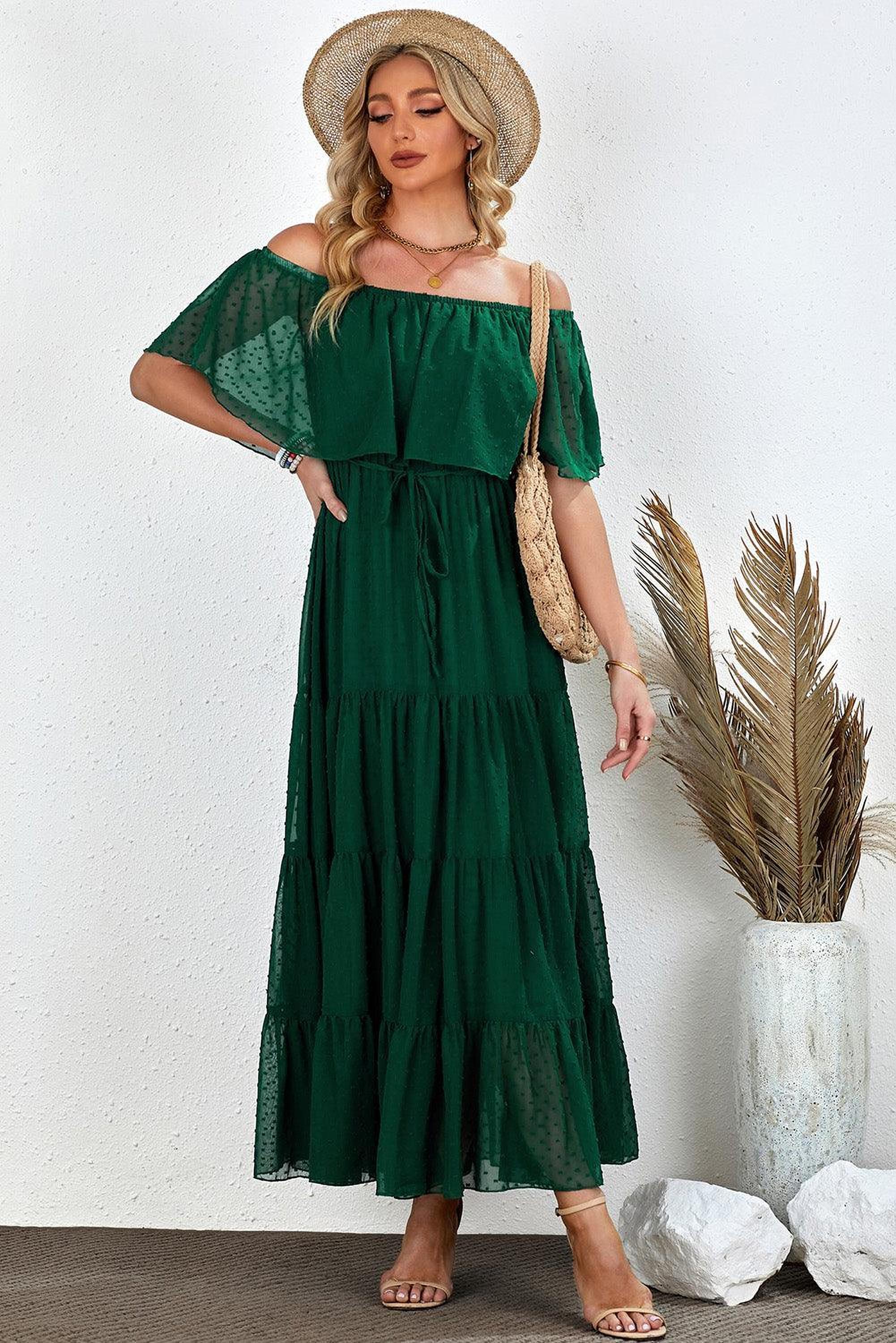 Robe maxi épaules dénudées avec motifs suisses