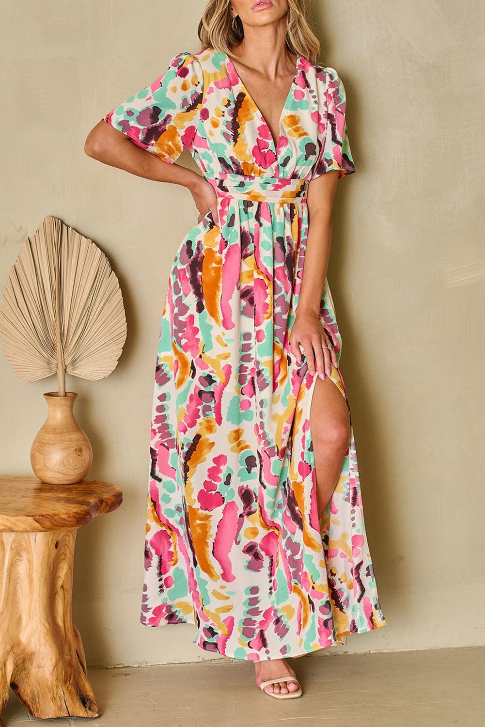 Robe maxi bohème avec motif tie-dye et col en V pour un look décontracté élégant
