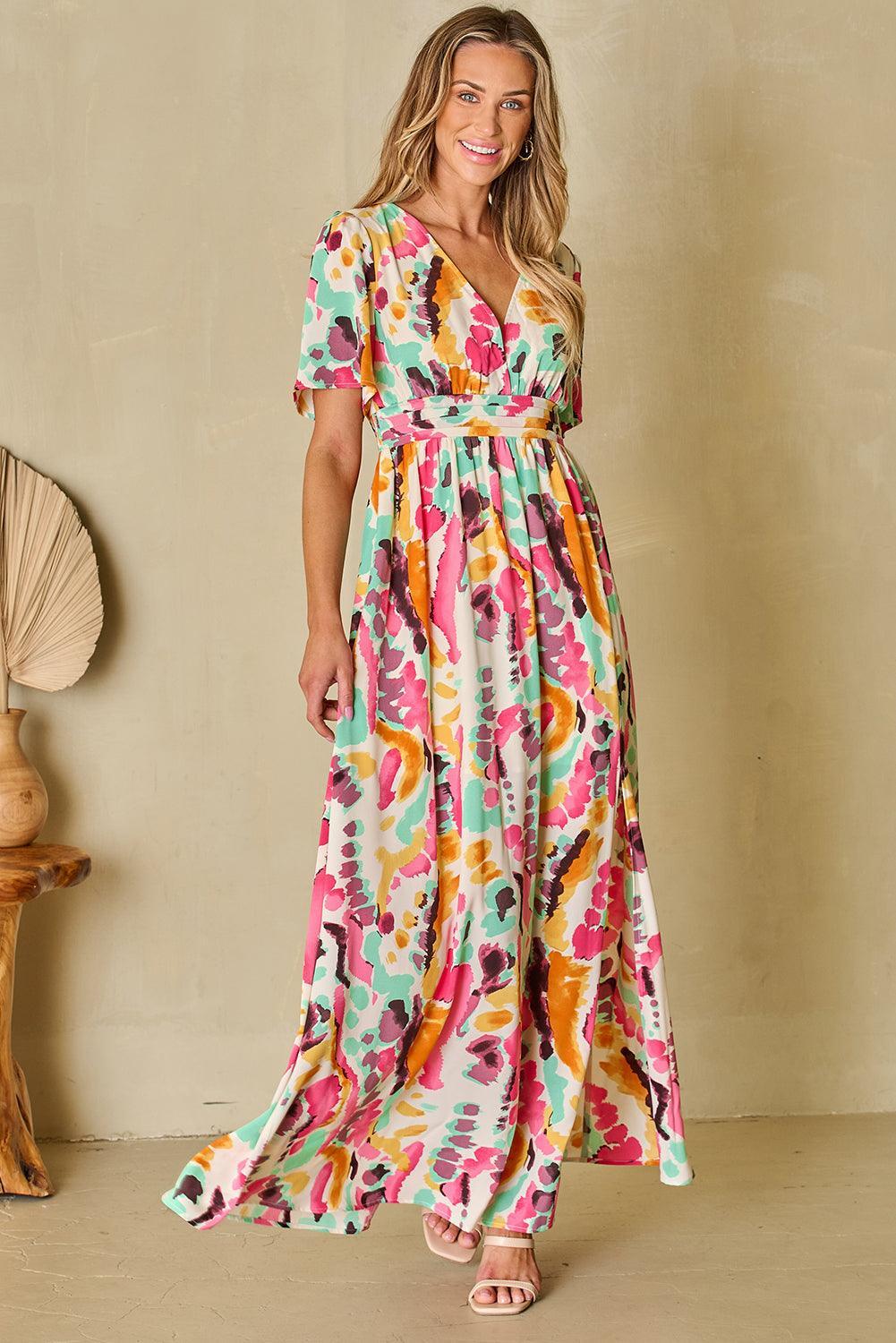 Robe maxi bohème avec motif tie-dye et col en V pour un look décontracté élégant