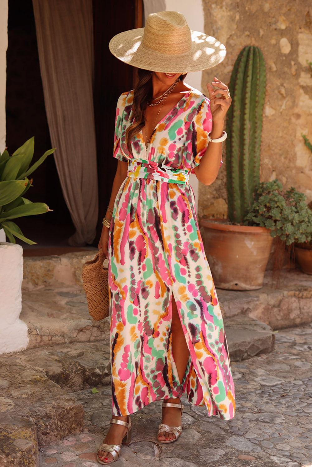 Robe maxi bohème avec motif tie-dye et col en V pour un look décontracté élégant
