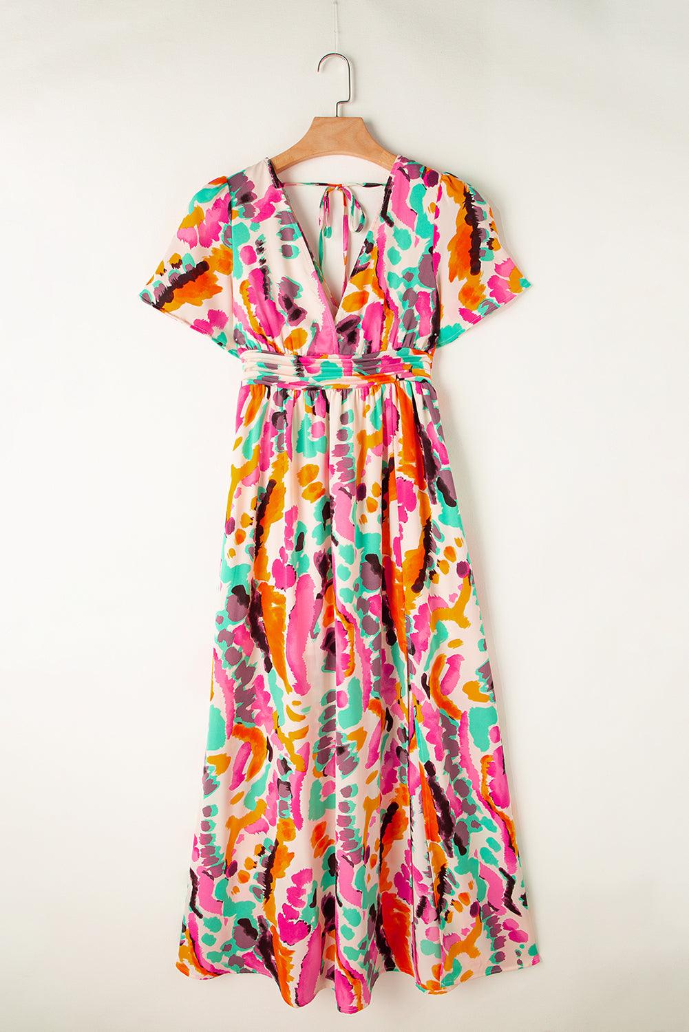 Robe maxi bohème avec motif tie-dye et col en V pour un look décontracté élégant