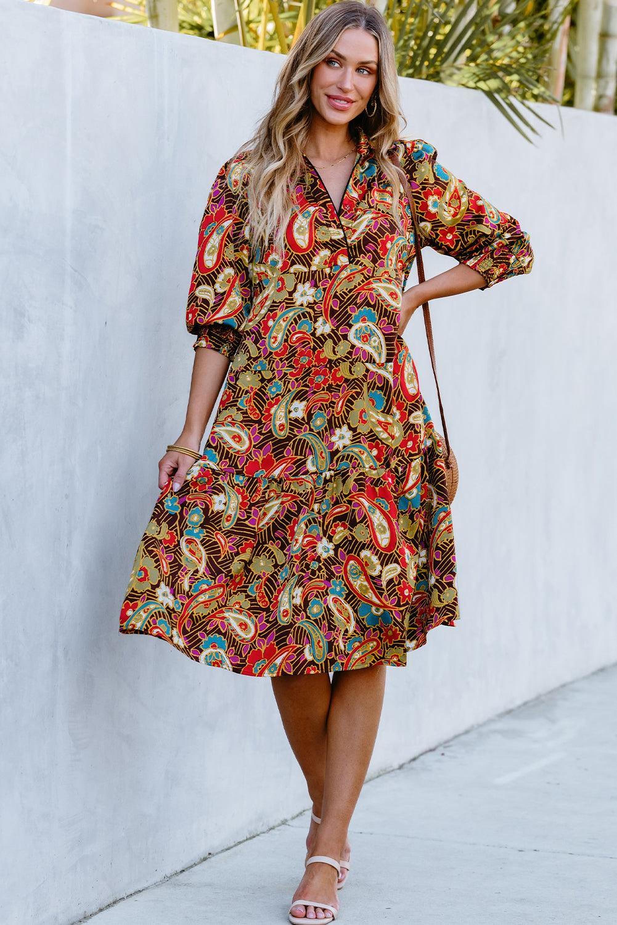 Robe midi imprimée Paisley, idéale pour un style décontracté et boho chic