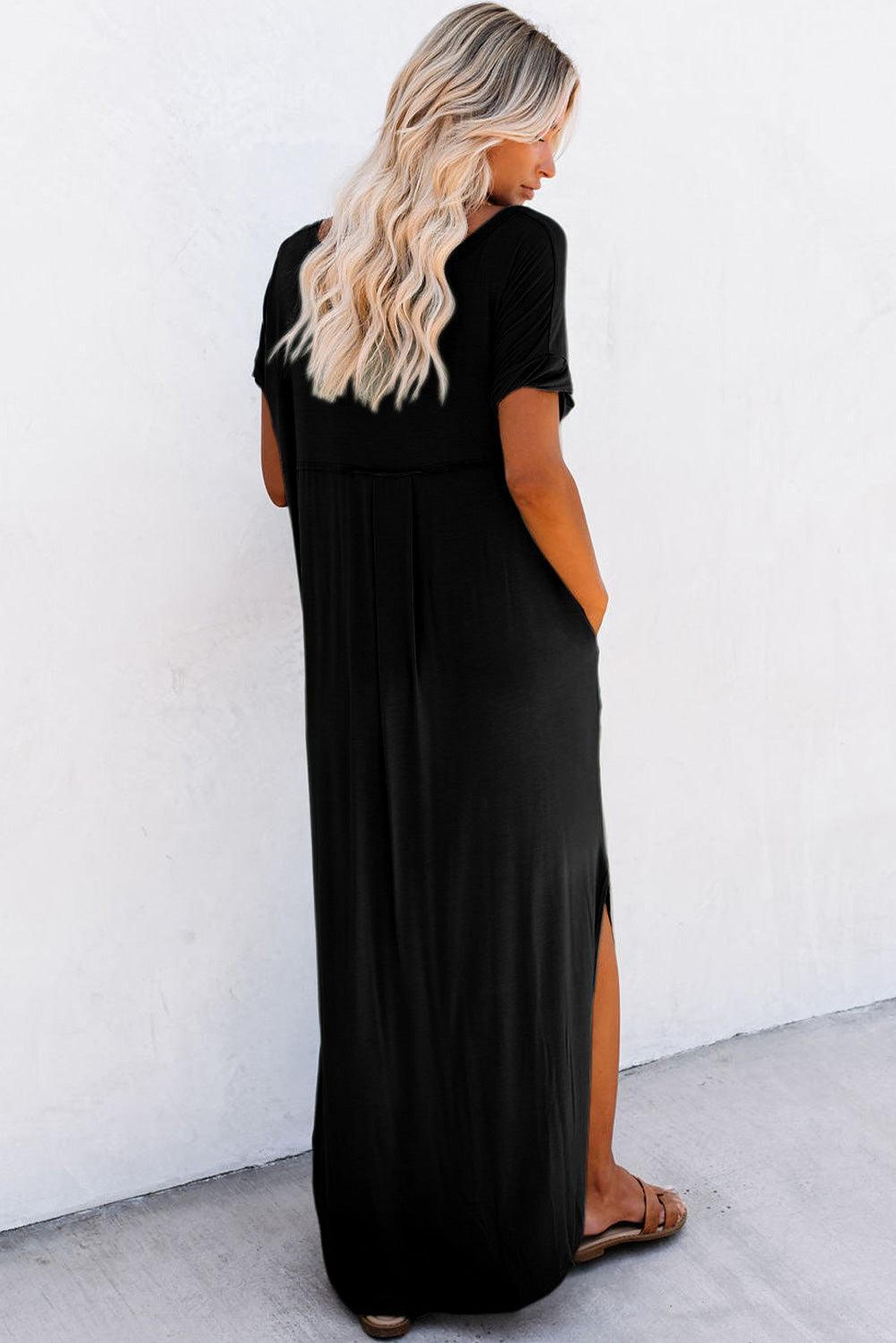 Élégance Décontractée | Robe Maxi T-shirt à Col en V avec Fente et Poche