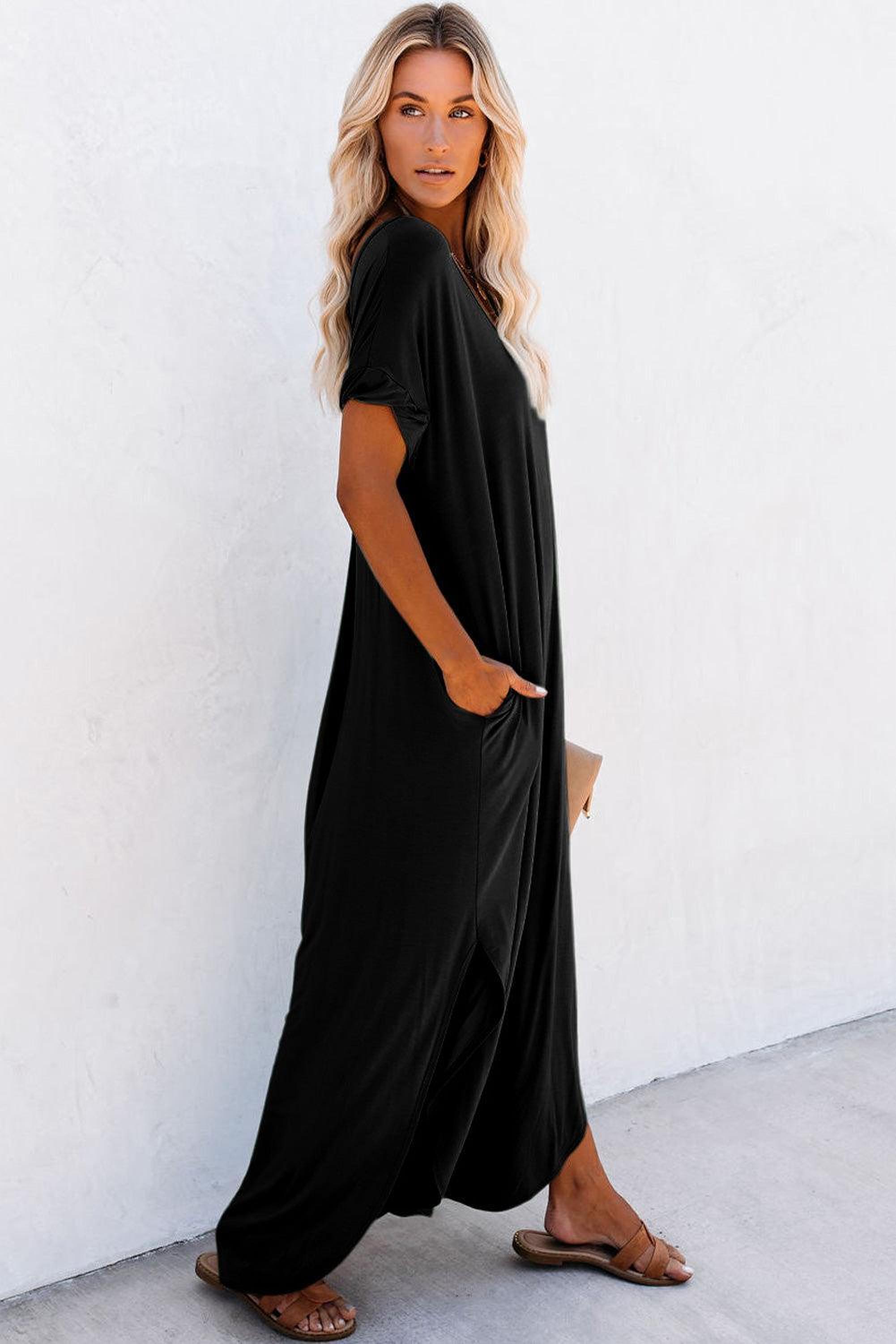 Élégance Décontractée | Robe Maxi T-shirt à Col en V avec Fente et Poche