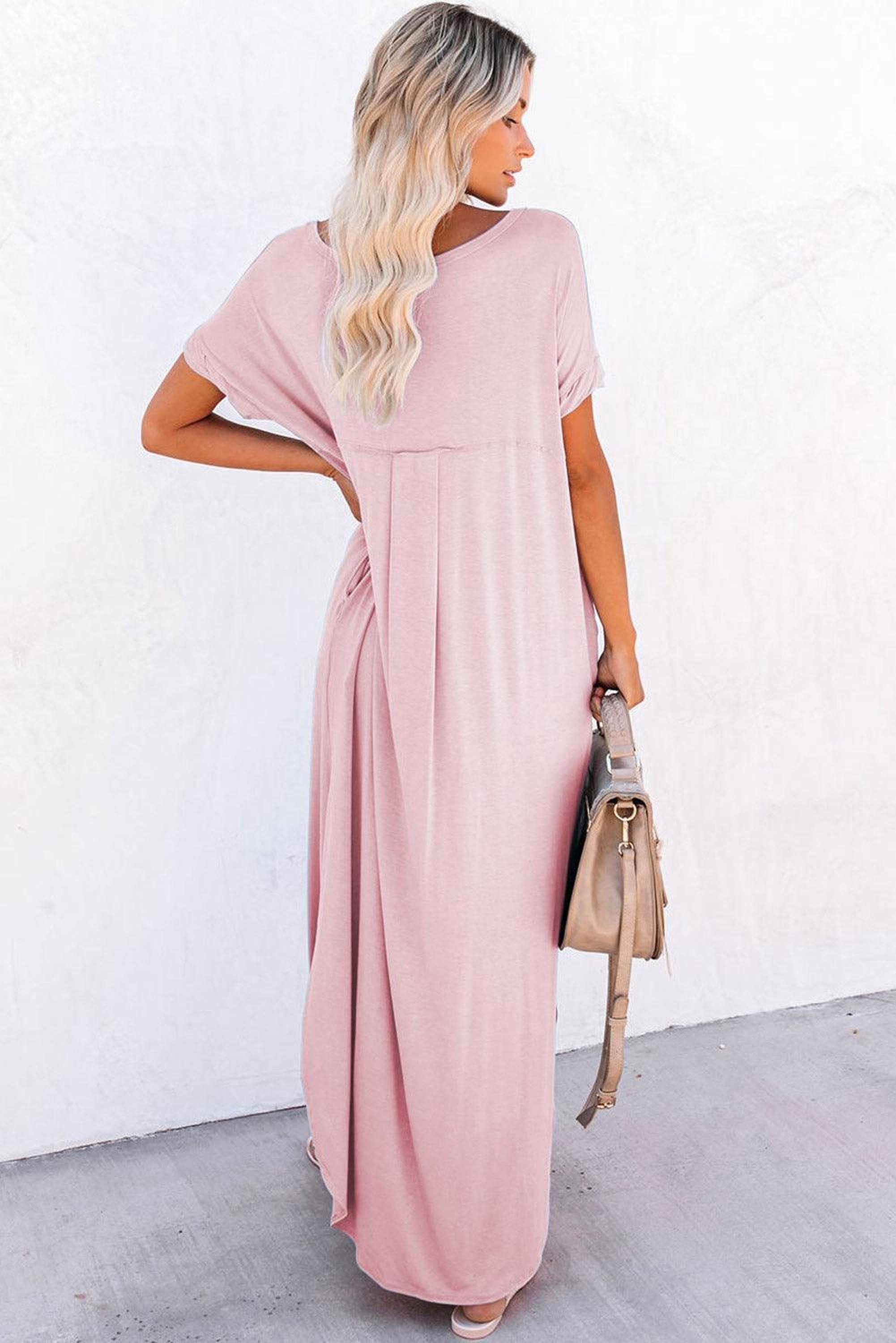 Élégance Décontractée | Robe Maxi T-shirt à Col en V avec Fente et Poche