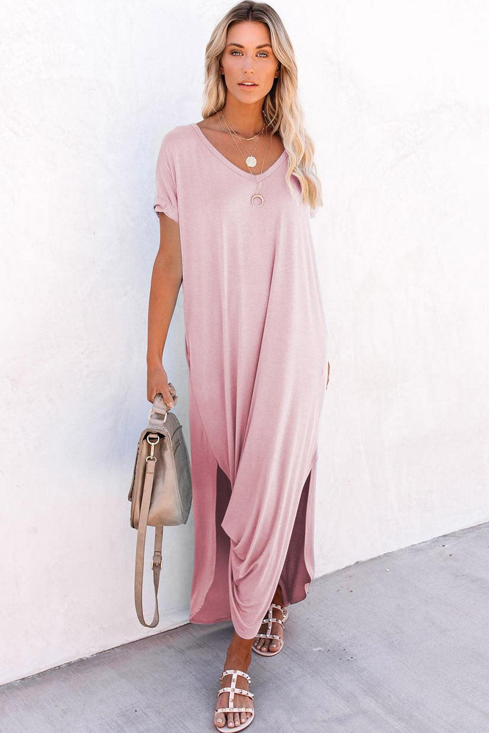 Élégance Décontractée | Robe Maxi T-shirt à Col en V avec Fente et Poche