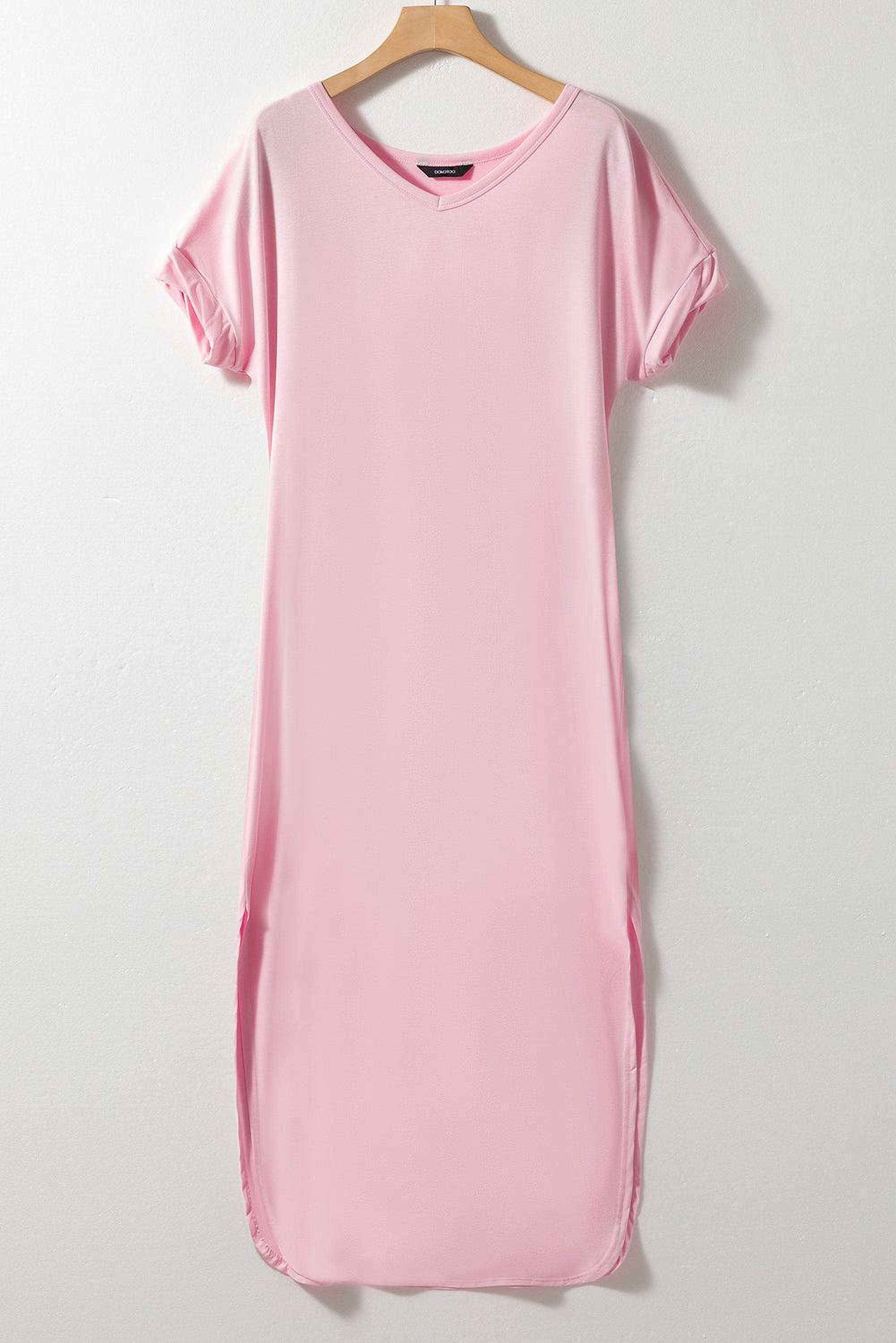Élégance Décontractée | Robe Maxi T-shirt à Col en V avec Fente et Poche
