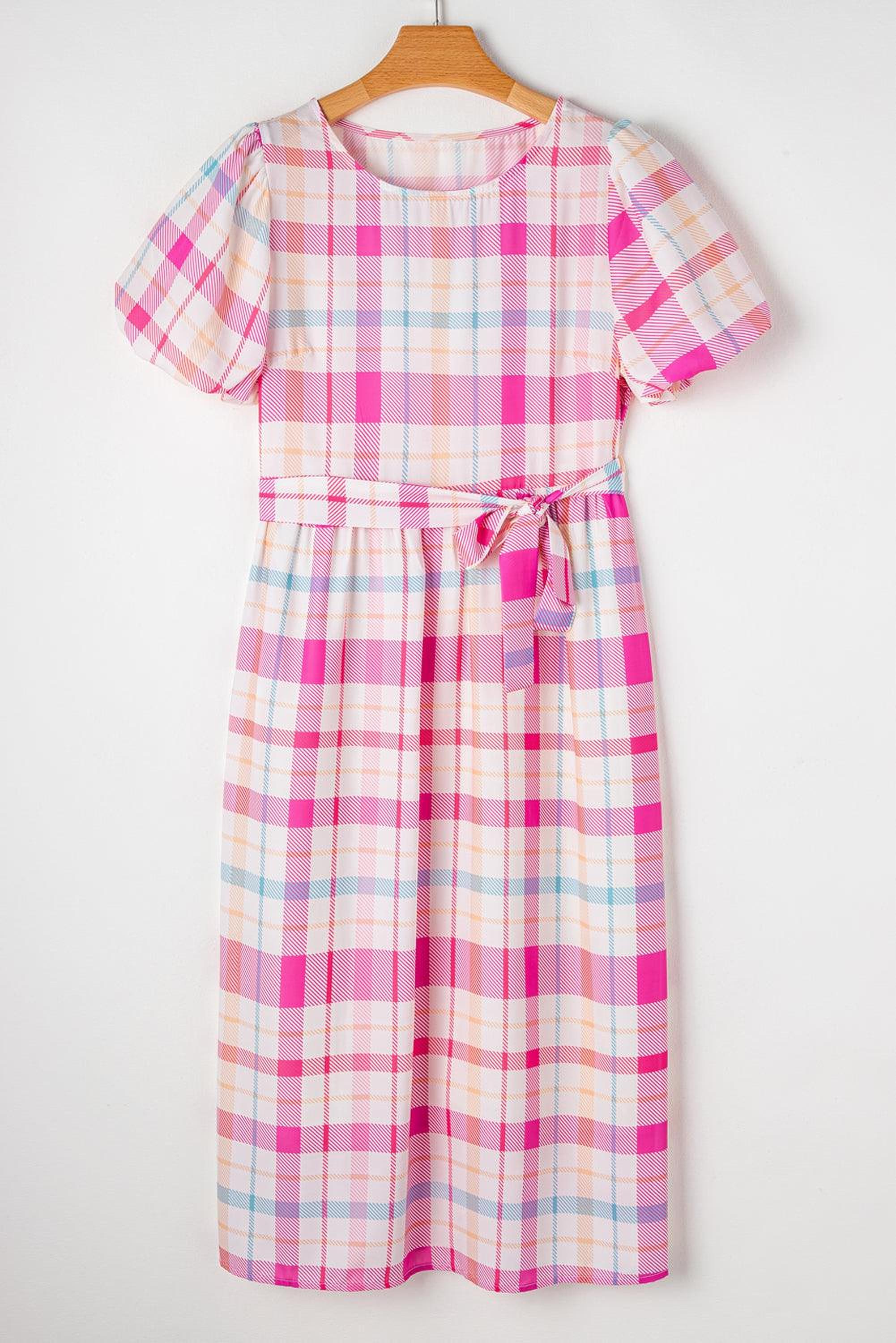 Robe midi à carreaux avec manches bouffantes et ceinture