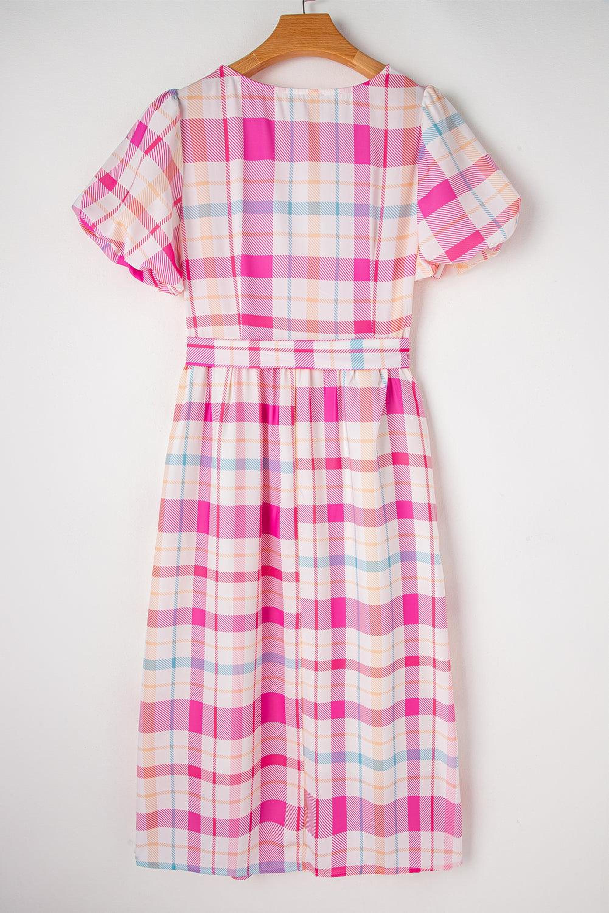 Robe midi à carreaux avec manches bouffantes et ceinture