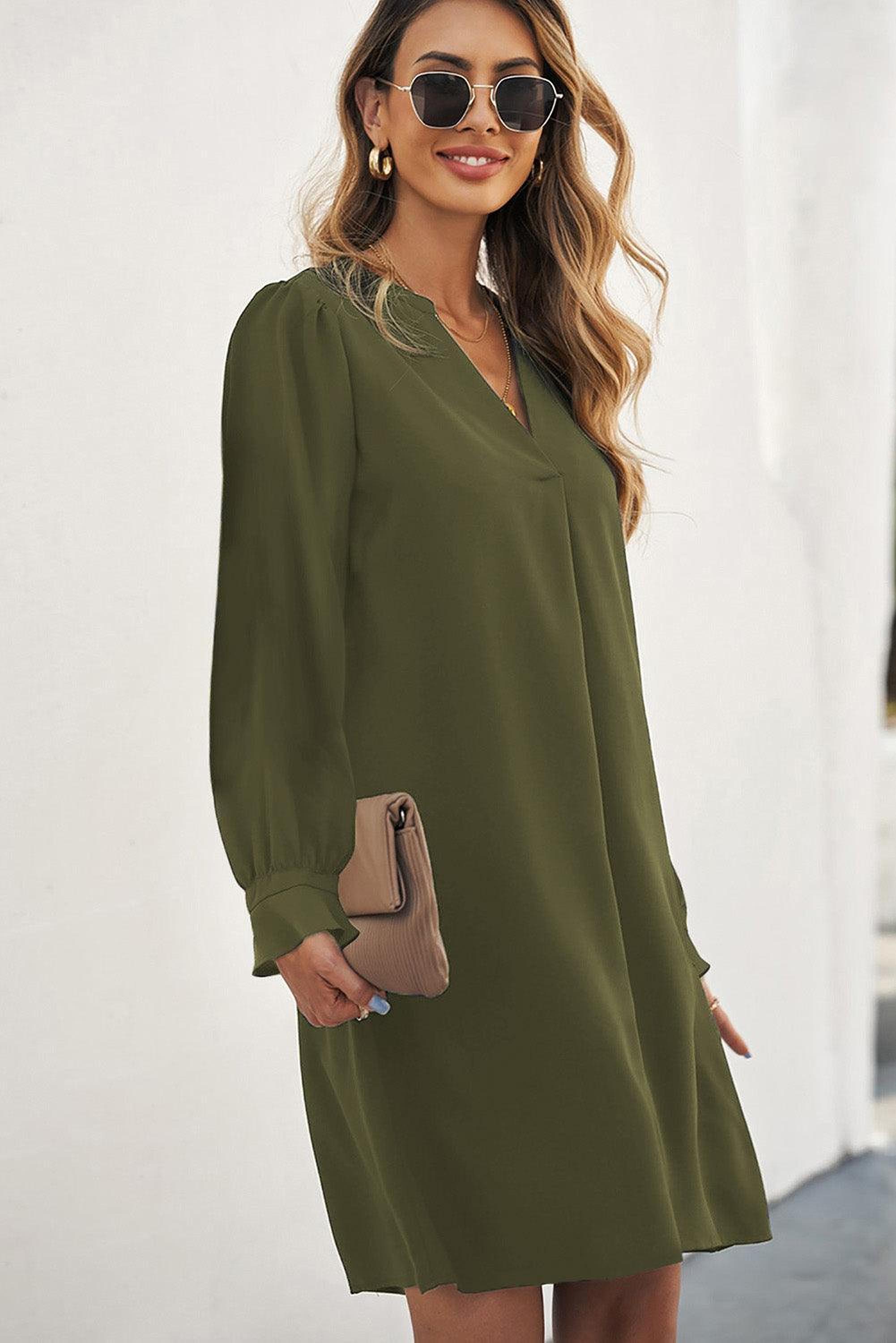 Mini-robe élégante à col V profond avec manches à volants