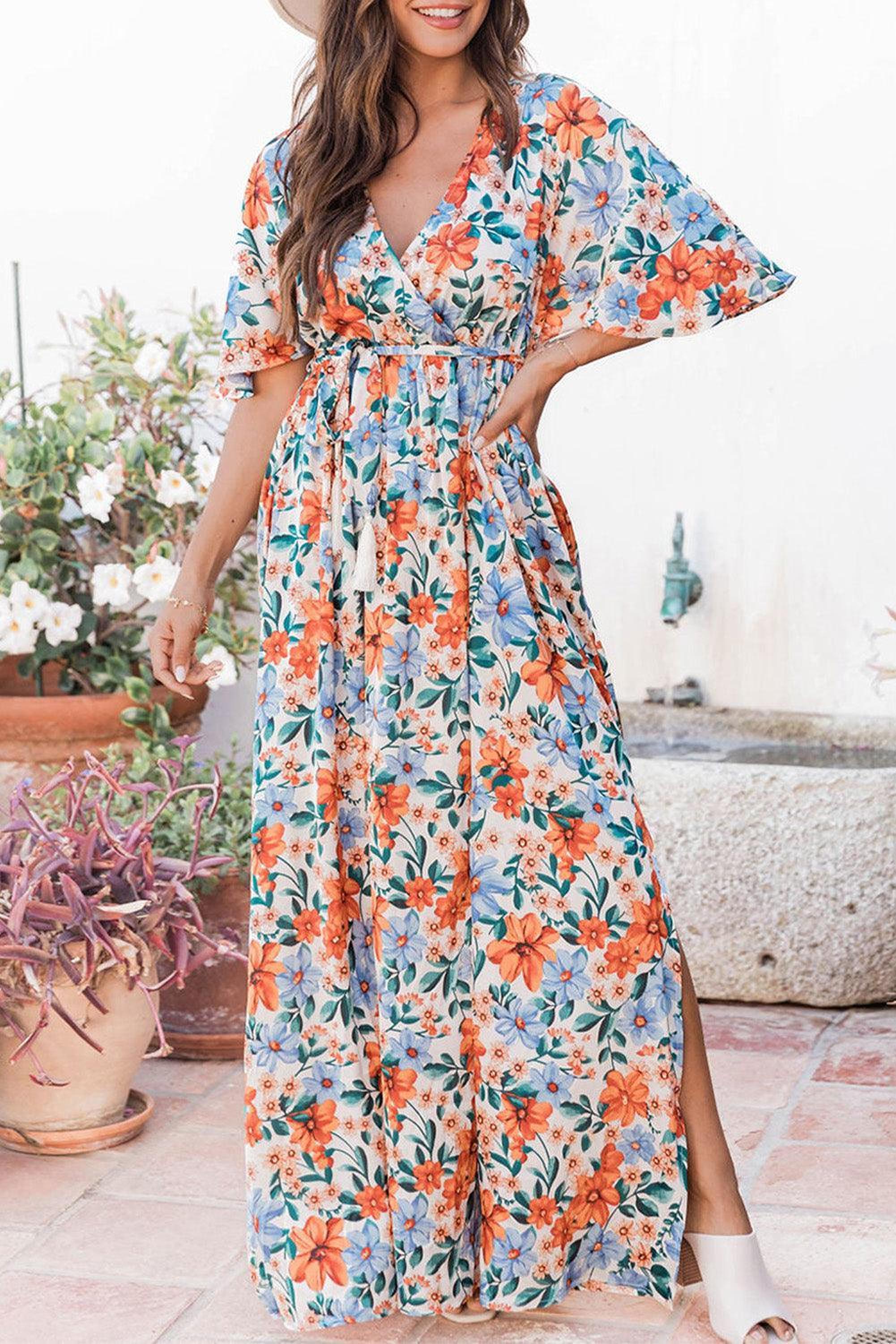 Robe maxi portefeuille imprimée à motifs floraux avec ceinture
