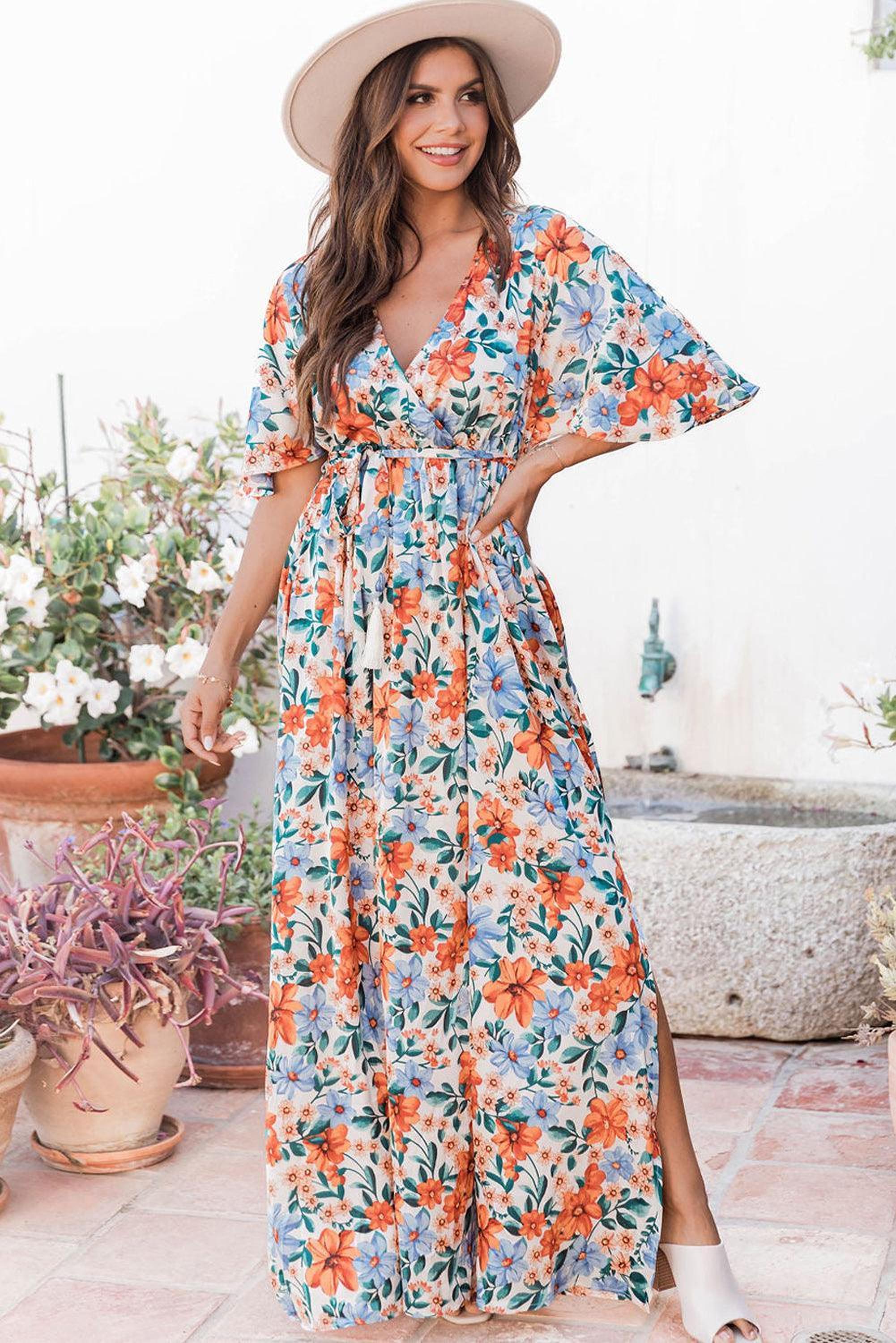 Robe maxi portefeuille imprimée à motifs floraux avec ceinture