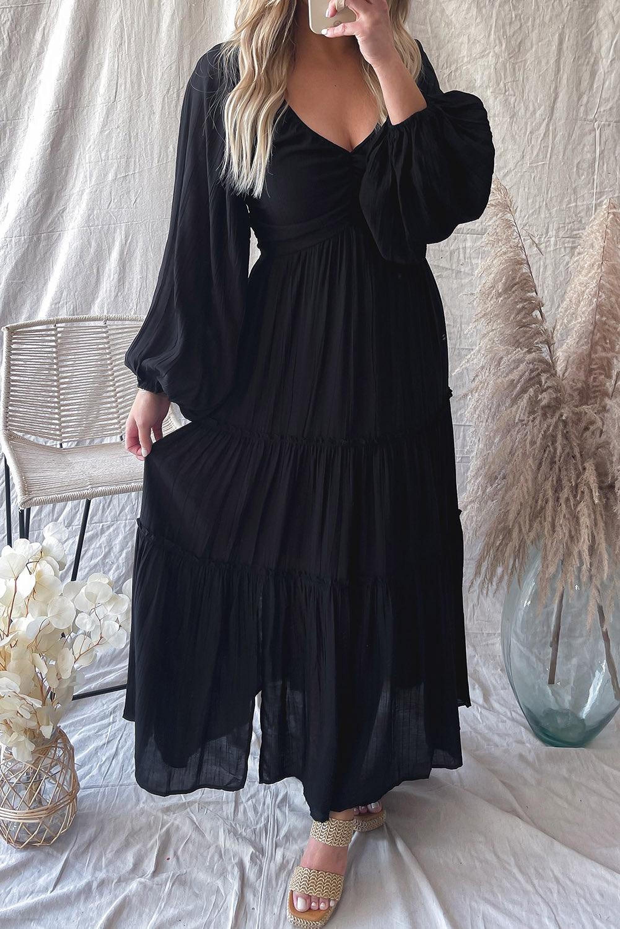 Robe maxi élégante avec décolleté en V et volants