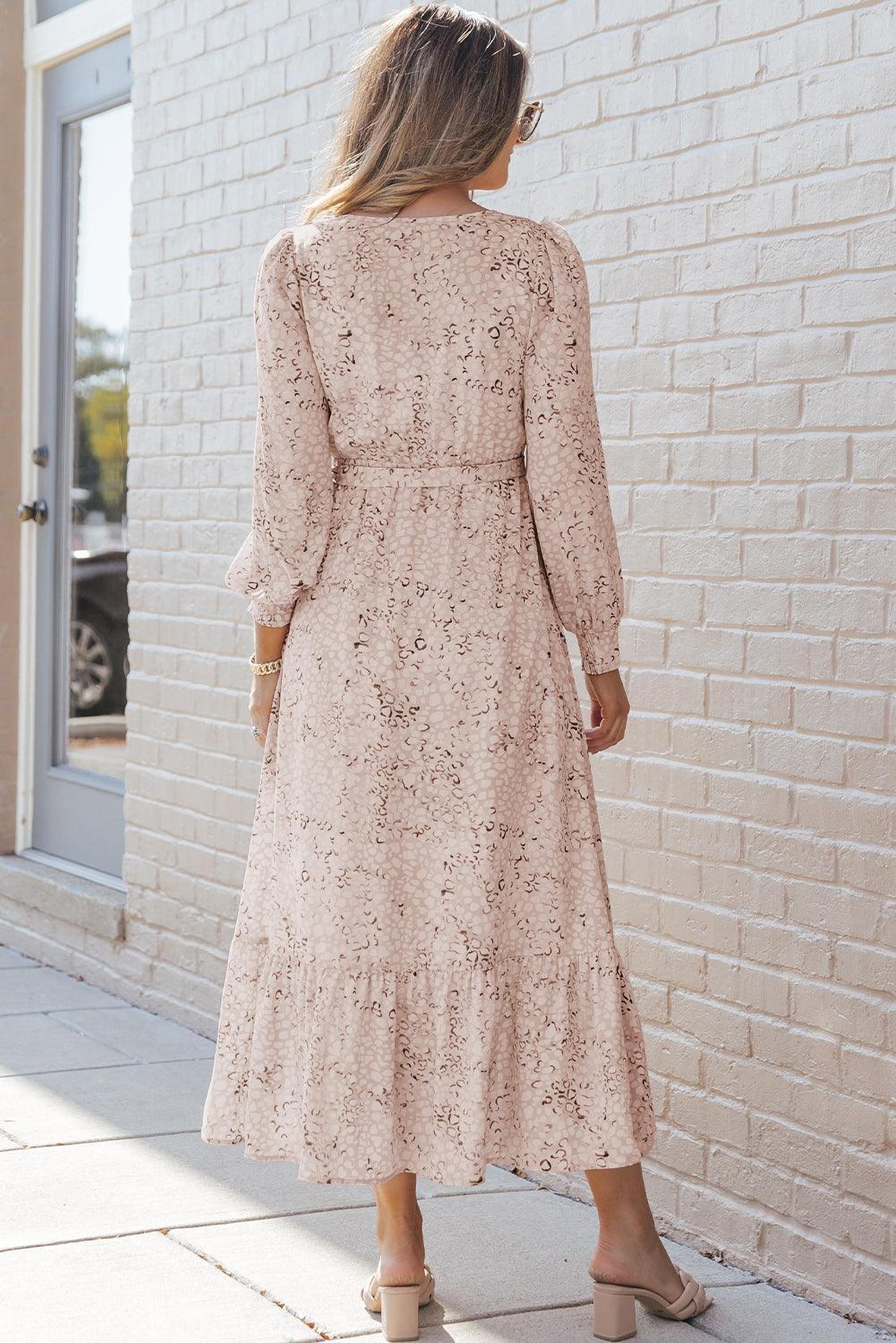 Robe maxi léopard élégante avec ceinture et manches bouffantes