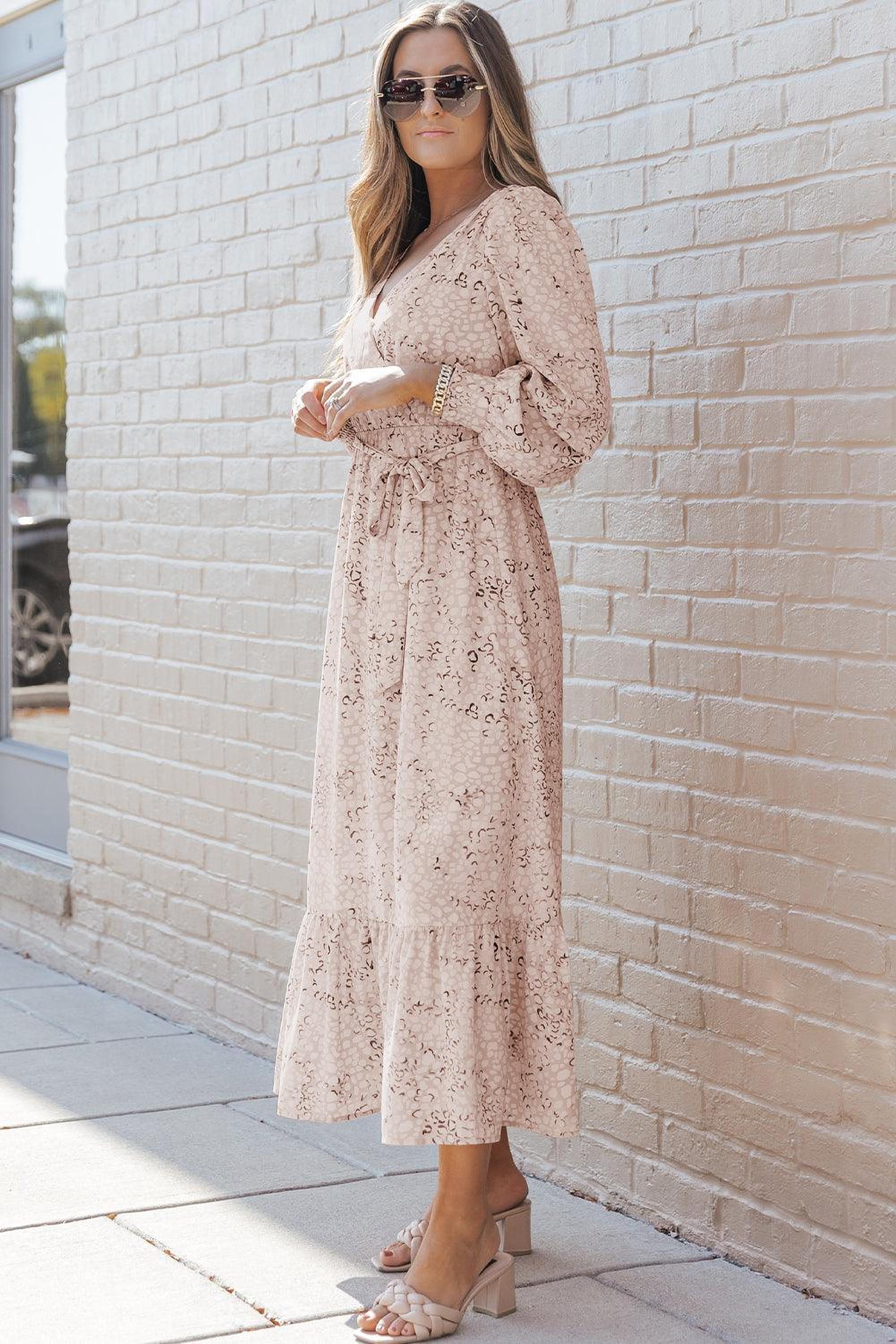 Robe maxi léopard élégante avec ceinture et manches bouffantes