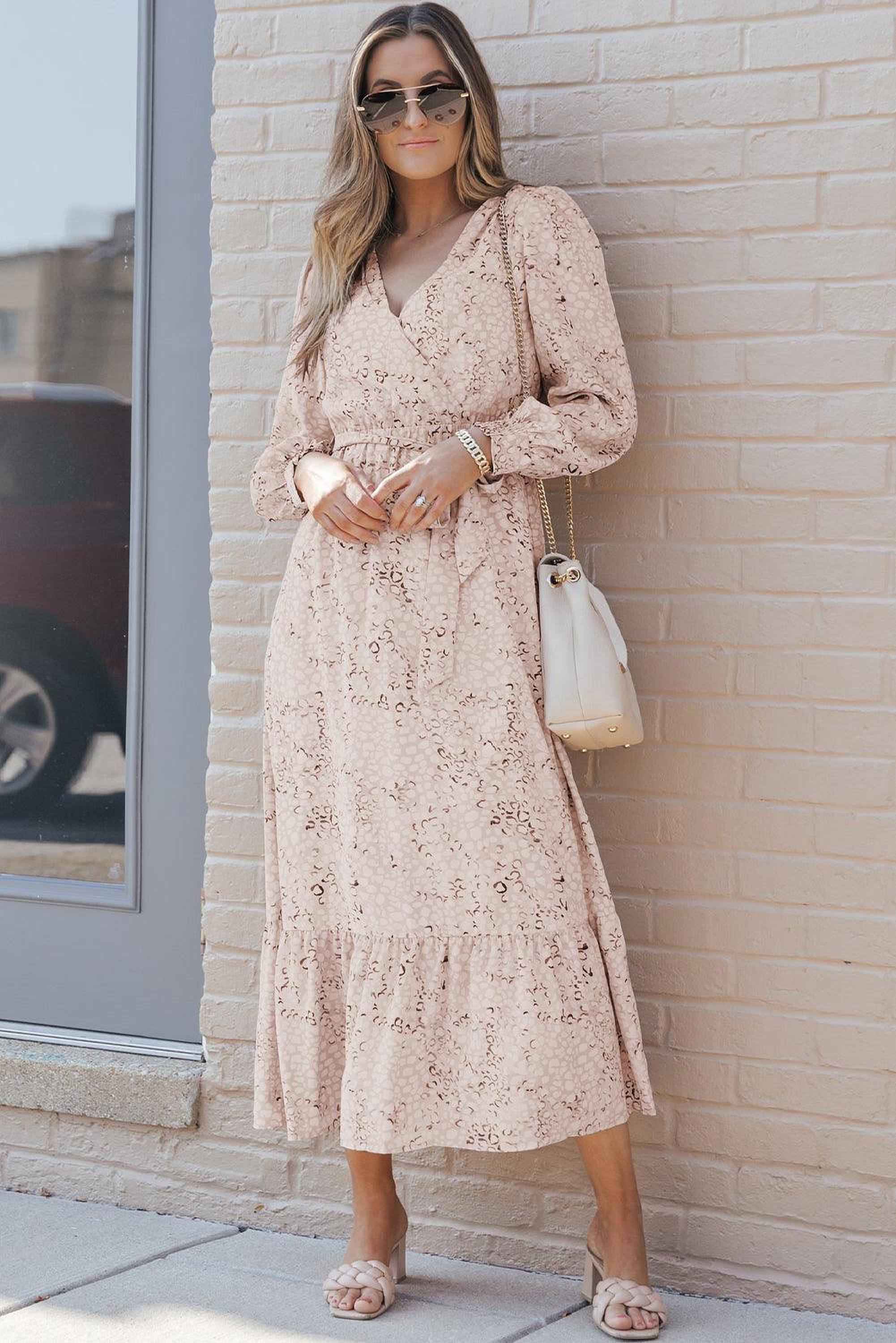 Robe maxi léopard élégante avec ceinture et manches bouffantes